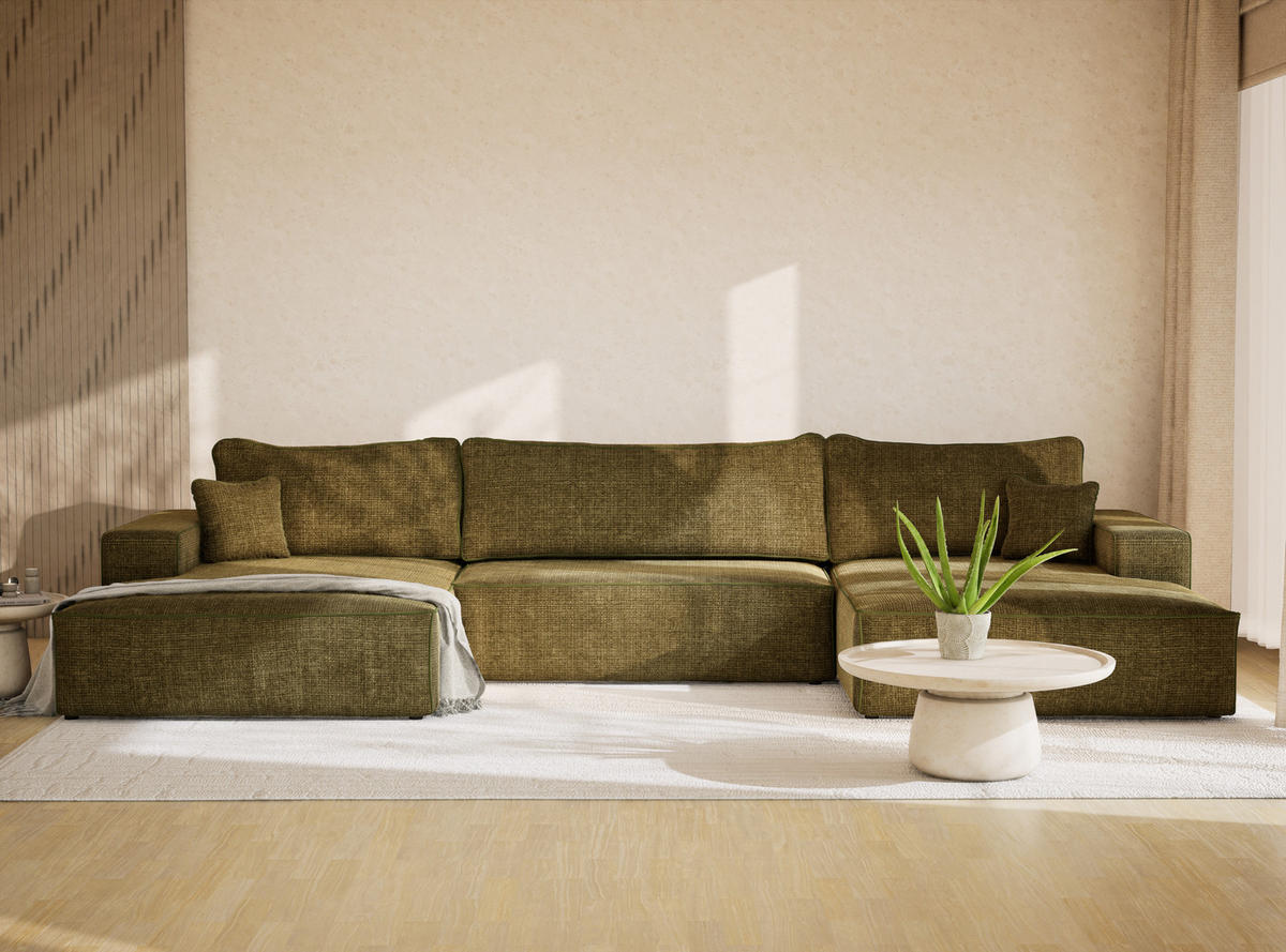 WOHNLANDSCHAFT Deseo Olivgrün Chenille-Stoff - Schwarz/Olivgrün, Holz/Holzwerkstoff (398/70/148cm) - Maison de Reve