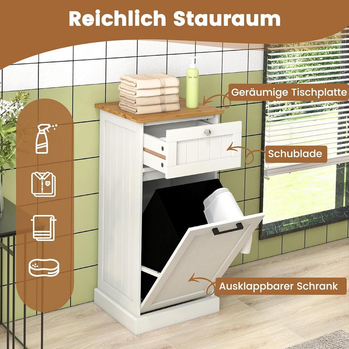 WÄSCHESCHRANK mit Wäschekorb Weiß - Weiß, Holzwerkstoff (40/82/37cm) - COSTWAY