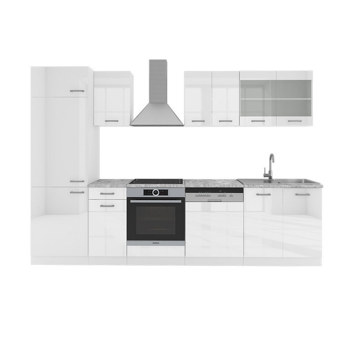 KÜCHE R-Line Weiß Hochglanz/Weiß 300 cm, AP Marmor - Weiß Hochglanz/Weiß, Holzwerkstoff (300/81.6/60cm) - Vicco