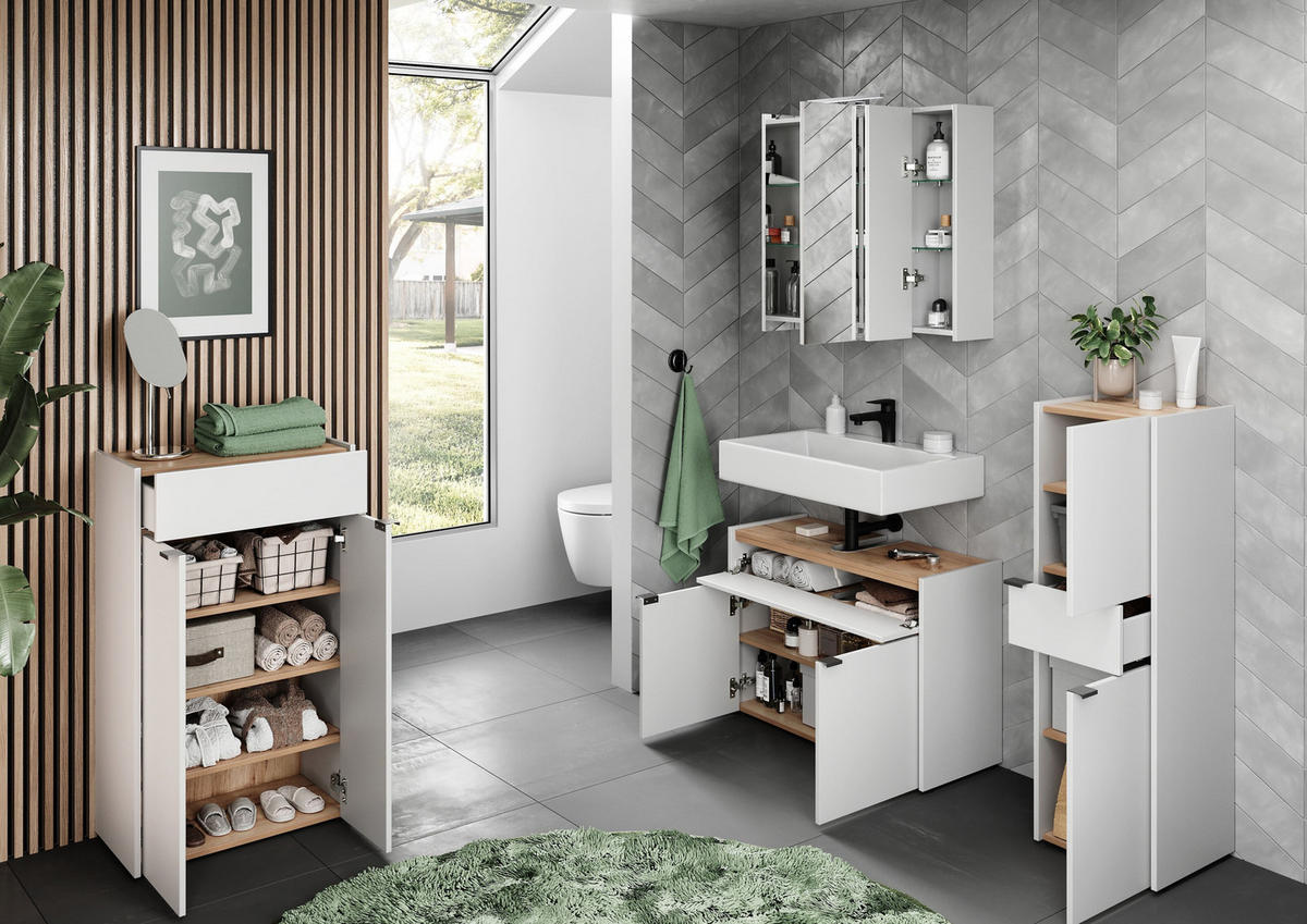 KOMMODE Kratzfest Eiche Schublade Bad AVIS, Weiß-Beige 60x34x98 cm - Weiß, Holz/Metall (60/98/34cm) - KADIMA DESIGN