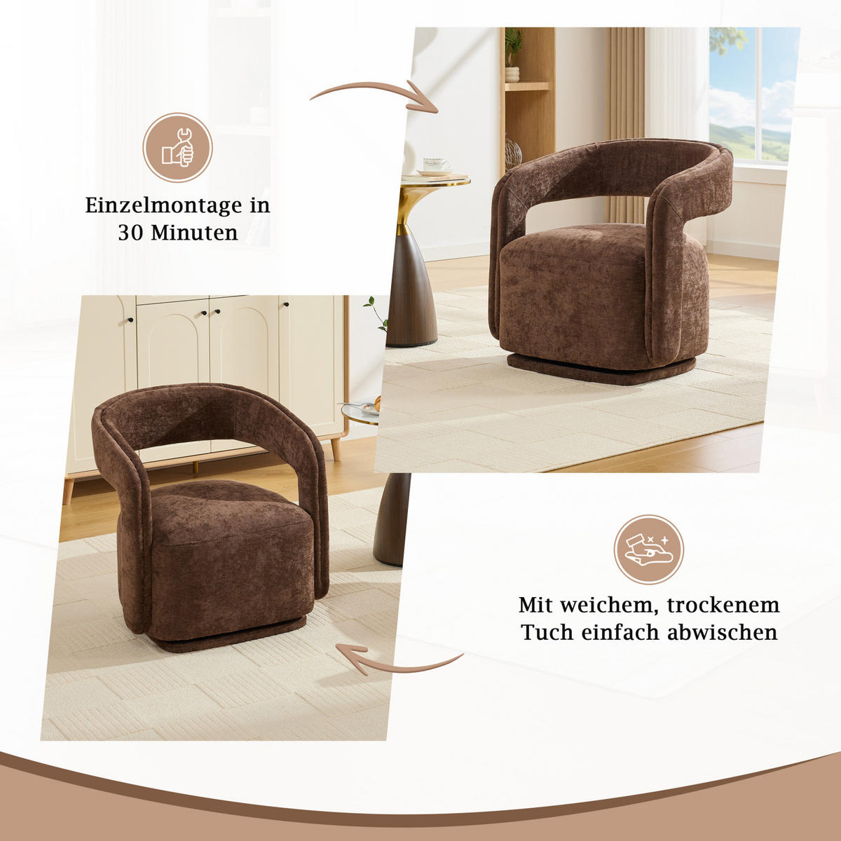 SESSEL,360 Grad Drehsessel Chenille Braun, Wohnzimmer Relaxsessel - Braun, Textil (70/74/65cm) - PARAFTA HOME