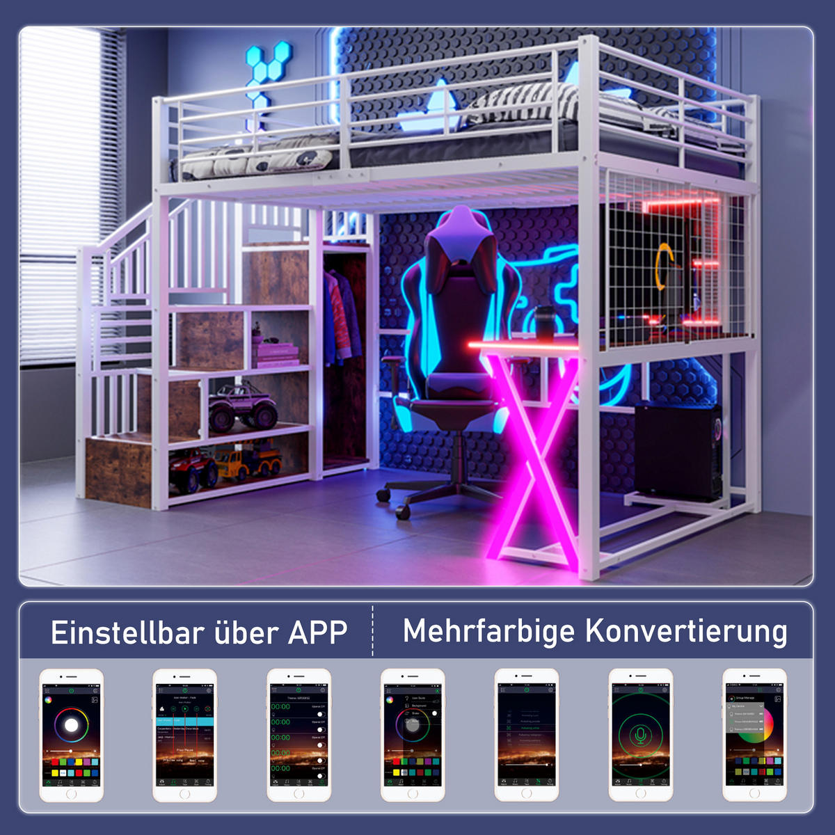 HOCHBETT 140x200cm Weiß LED-Licht Ablageleiter Schreibtisch Kleiderschrank - Weiß, Metall (140/200cm) - FLIEKS