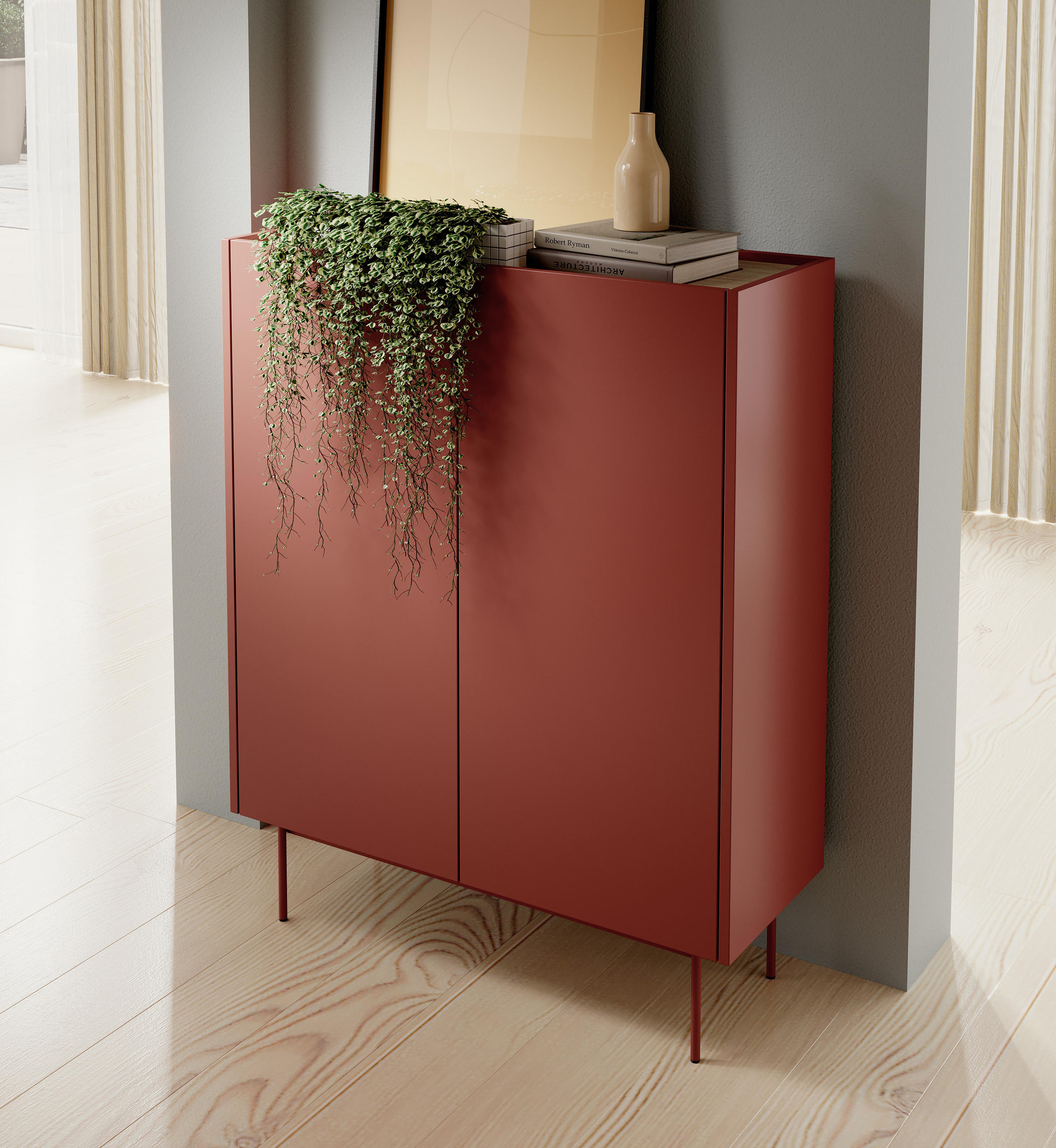 KOMMODE : Korpus und Front: Ziegel, Linea-Eiche TOP, 97 x 122 x 37 cm - Rot, Holzwerkstoff (97/122/37cm) - 3XE LIVING