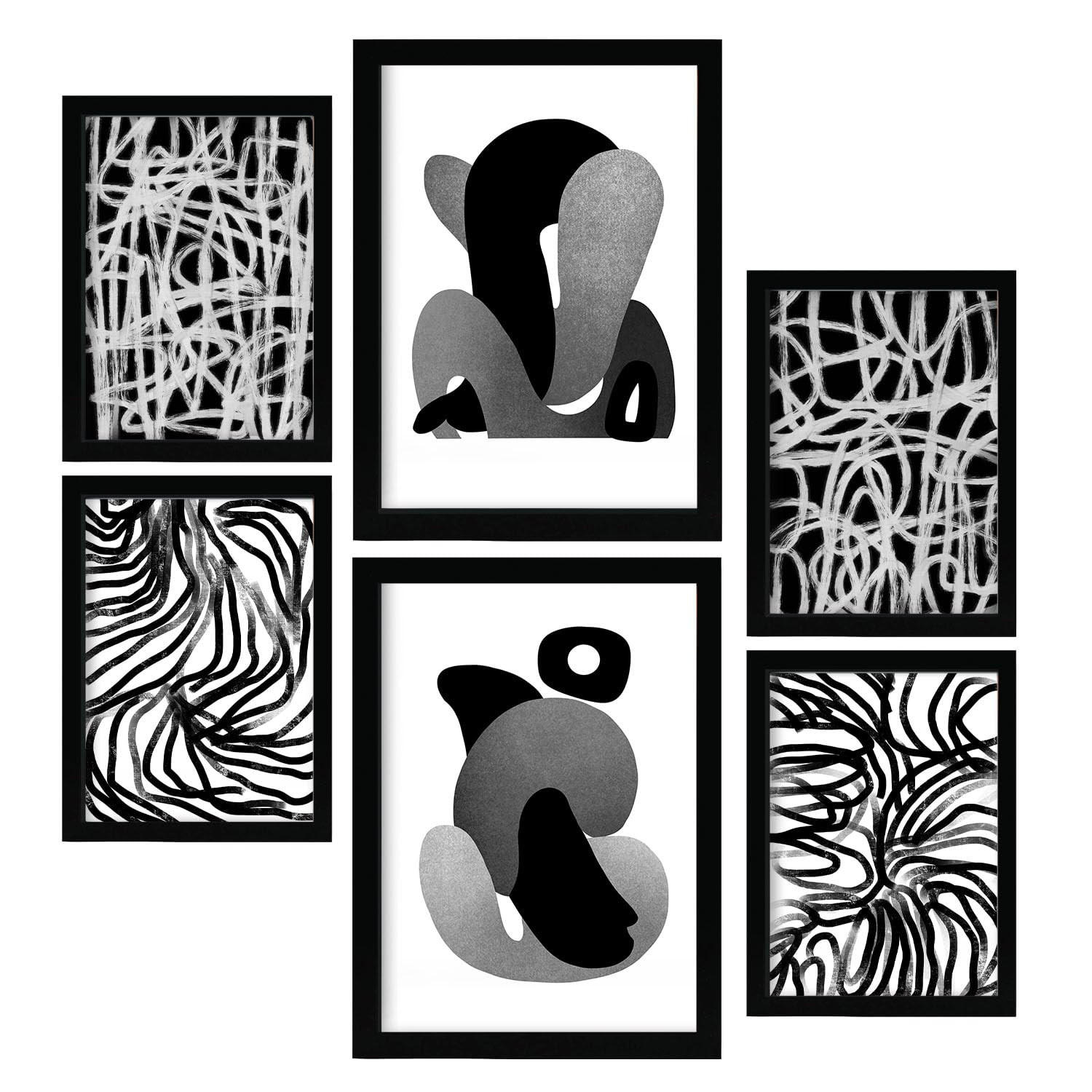 POSTER Set Mit 6 Kaput Handwerk In Liebhaber Abstrakt Ästhetische Dekorative Gemälde Für Ihr Wohnzimmer Schlafzimmer Zuhause A3 & A4 Schwarzer Rahmen - Schwarz, Papier (29/3cm) - Nacnic