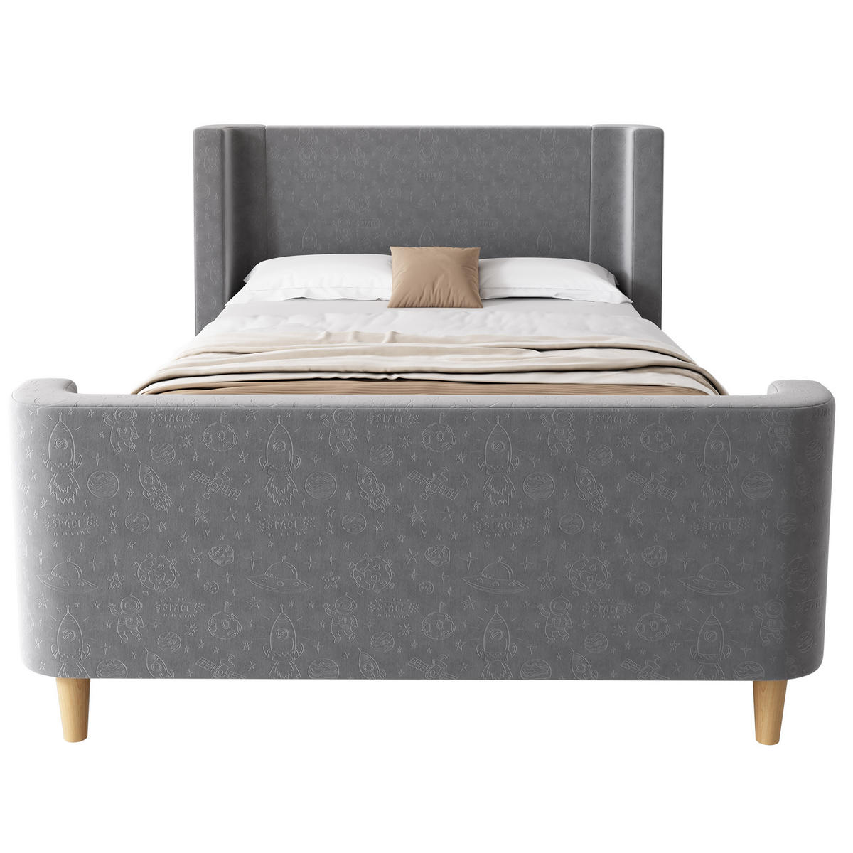 KINDERBETT 90/200 cm in Grau mit Samtbezug und Weltraummuster - Grau, Textil (90/200cm) - BEAOK