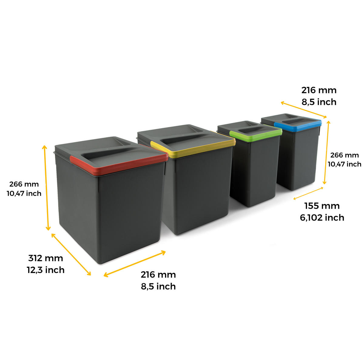 RECYCLINGBEHÄLTER für Küchenschublade, Höhe 266mm, 2x15l, 2x7l, Kunststoff anthrazitgrau 4er-set - Anthrazit, Kunststoff (21.6/27/31.2cm) - EMUCA