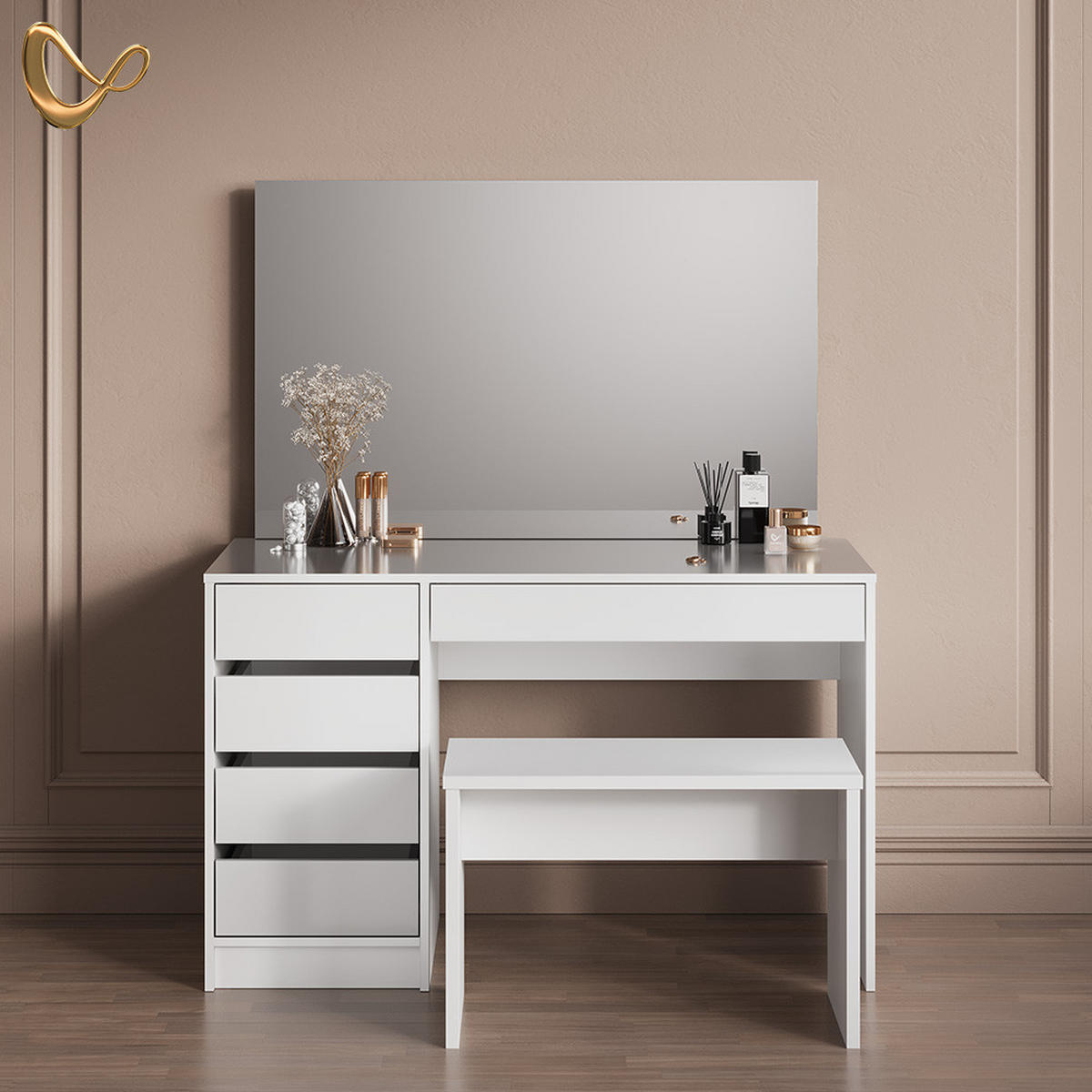 SCHMINKTISCH Imola Weiß 120 cm mit Bank - Weiß, Holzwerkstoff (120/75/55cm) - Livinity®