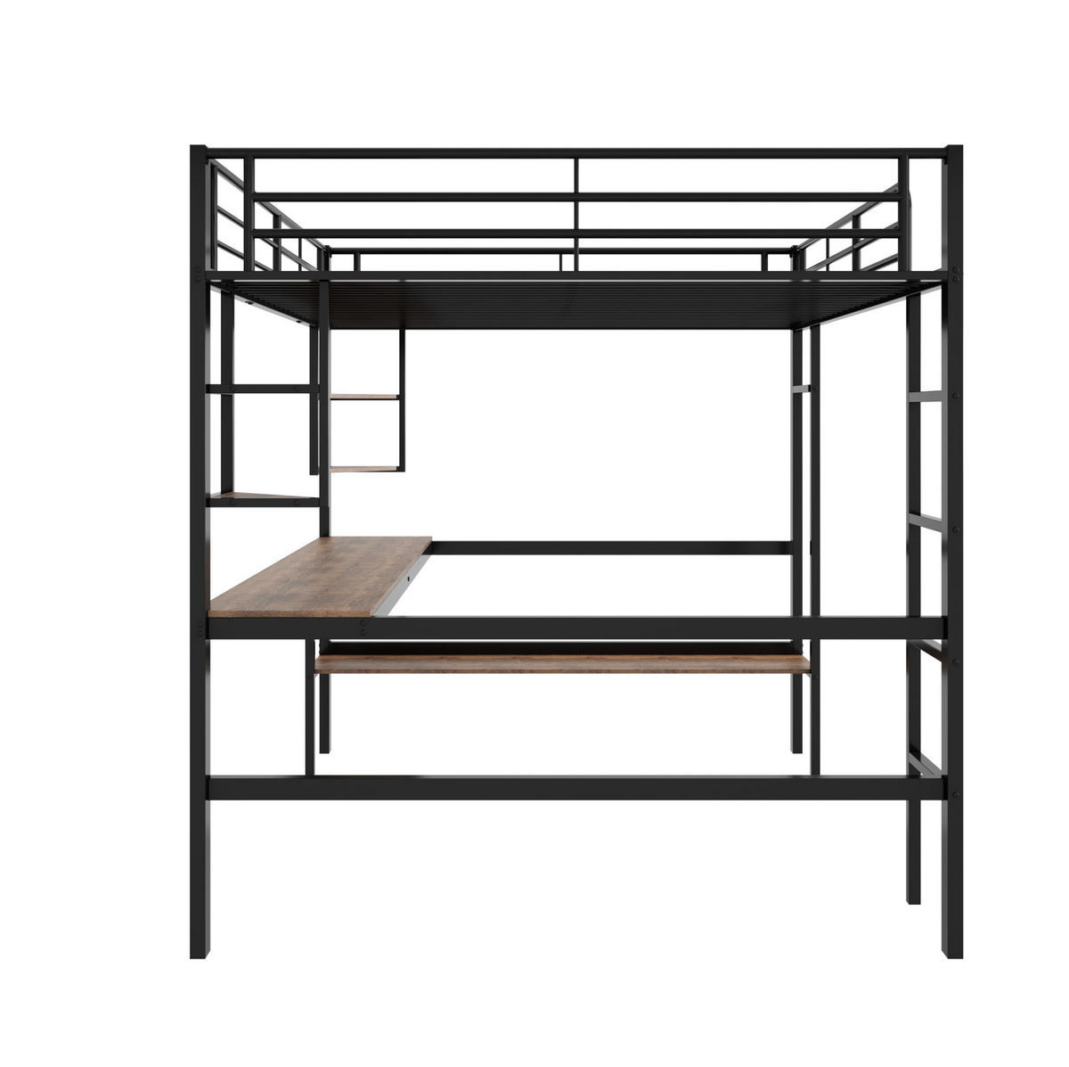 HOCHBETT 140/200 cm aus Metall mit Schreibtisch und Regalen in Schwarz - Schwarz, Metall (140/200cm) - Flora Grace