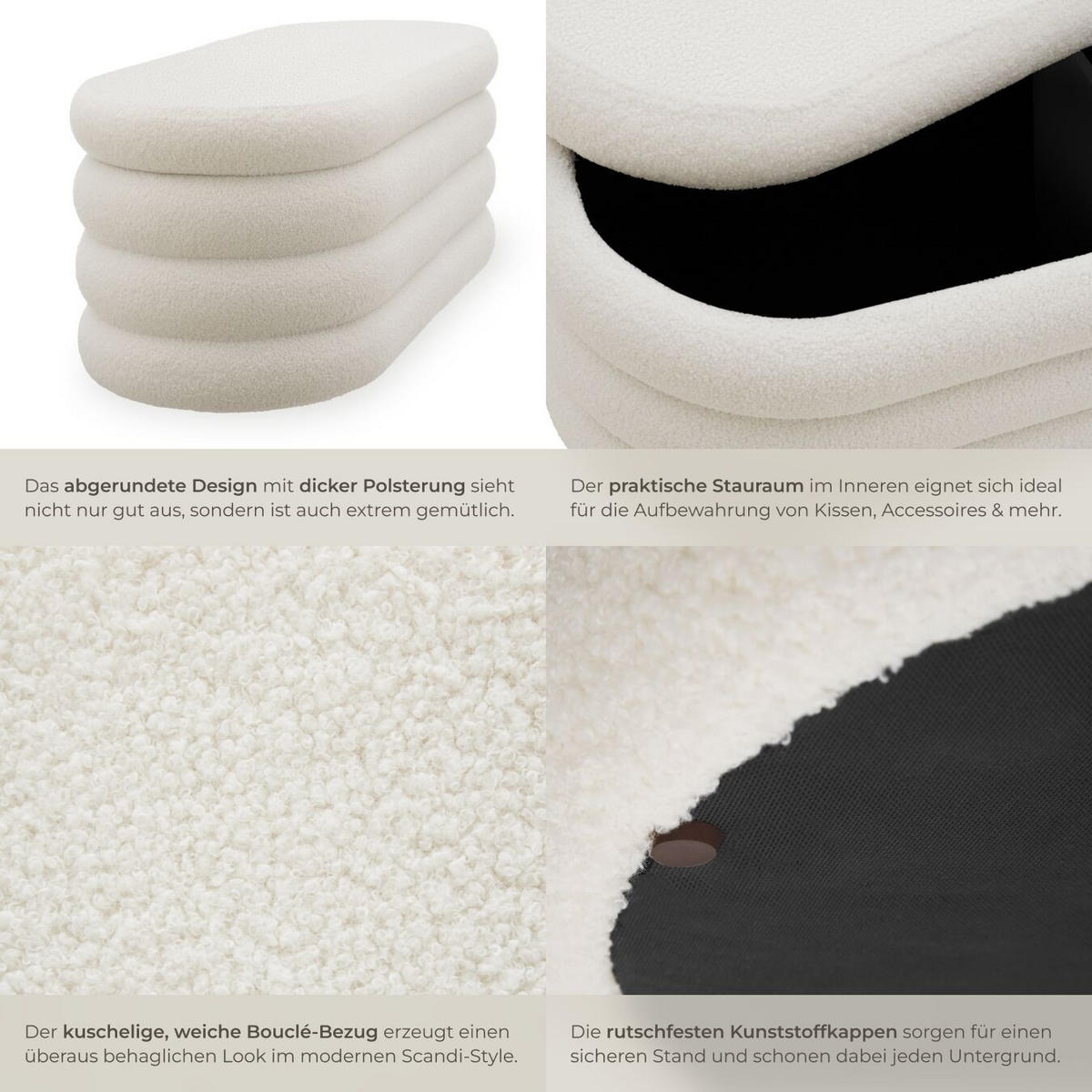 Truhenbank Altu,110 x 45 x 42 cm,Bouclé creme-weiß - Creme/Weiß, Holz (110/42/45cm) - tectake