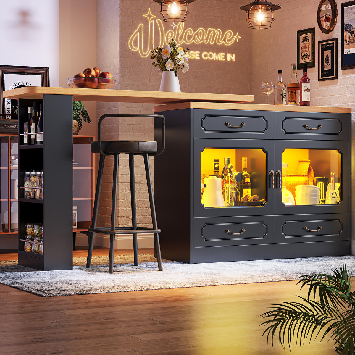 ESSZIMMERSCHRANK aus MDF 135-203x39x92,8cm in Schwarz mit LED - Schwarz, Holzwerkstoff (39/92.8/203cm) - Modfu