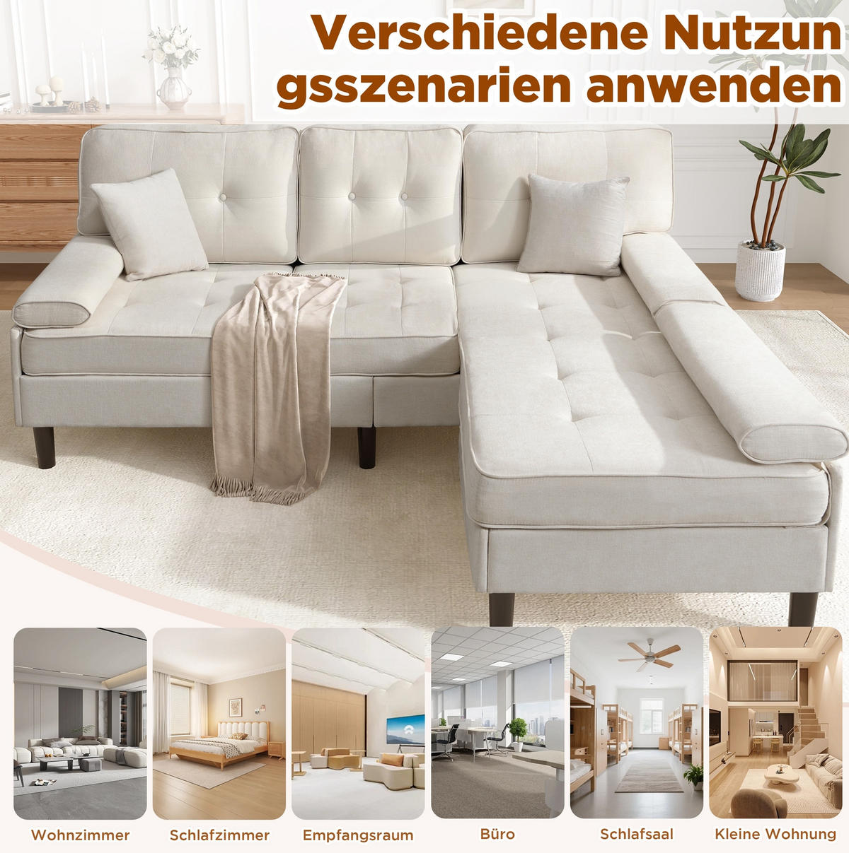 ECKSOFA 195/149/86 cm hellbeige aus Chenille mit Fußbank - Beige, Textil (149/195cm) - OKWISH