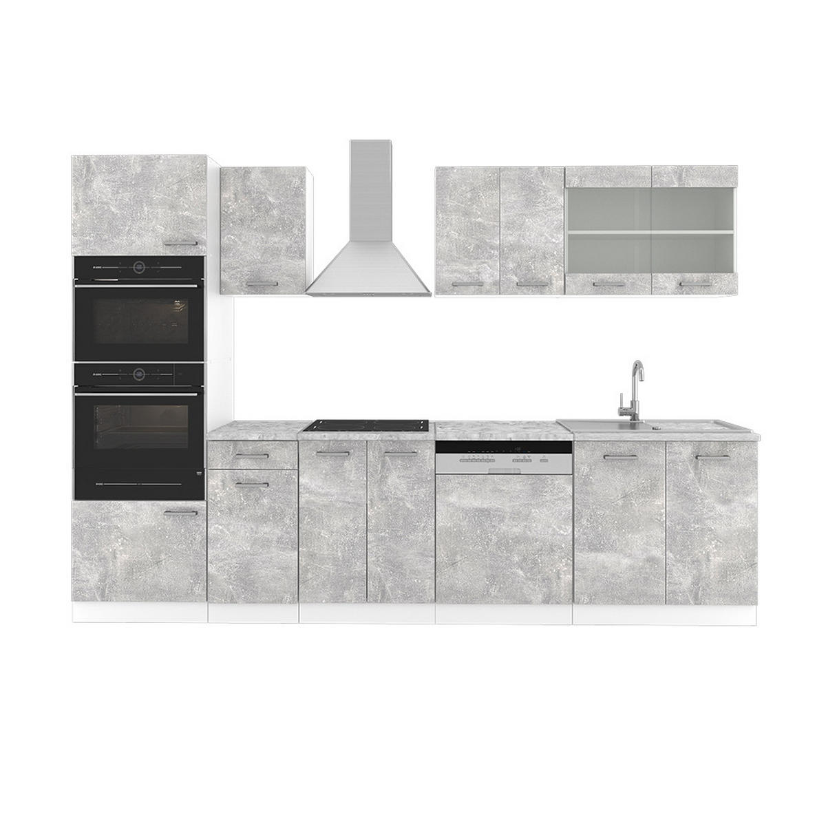 KÜCHENZEILE R-Line Beton 300 cm mit Hochschrank, AP Marmor - Schieferfarben/Weiß, Holzwerkstoff (300/81.6/60cm) - Vicco