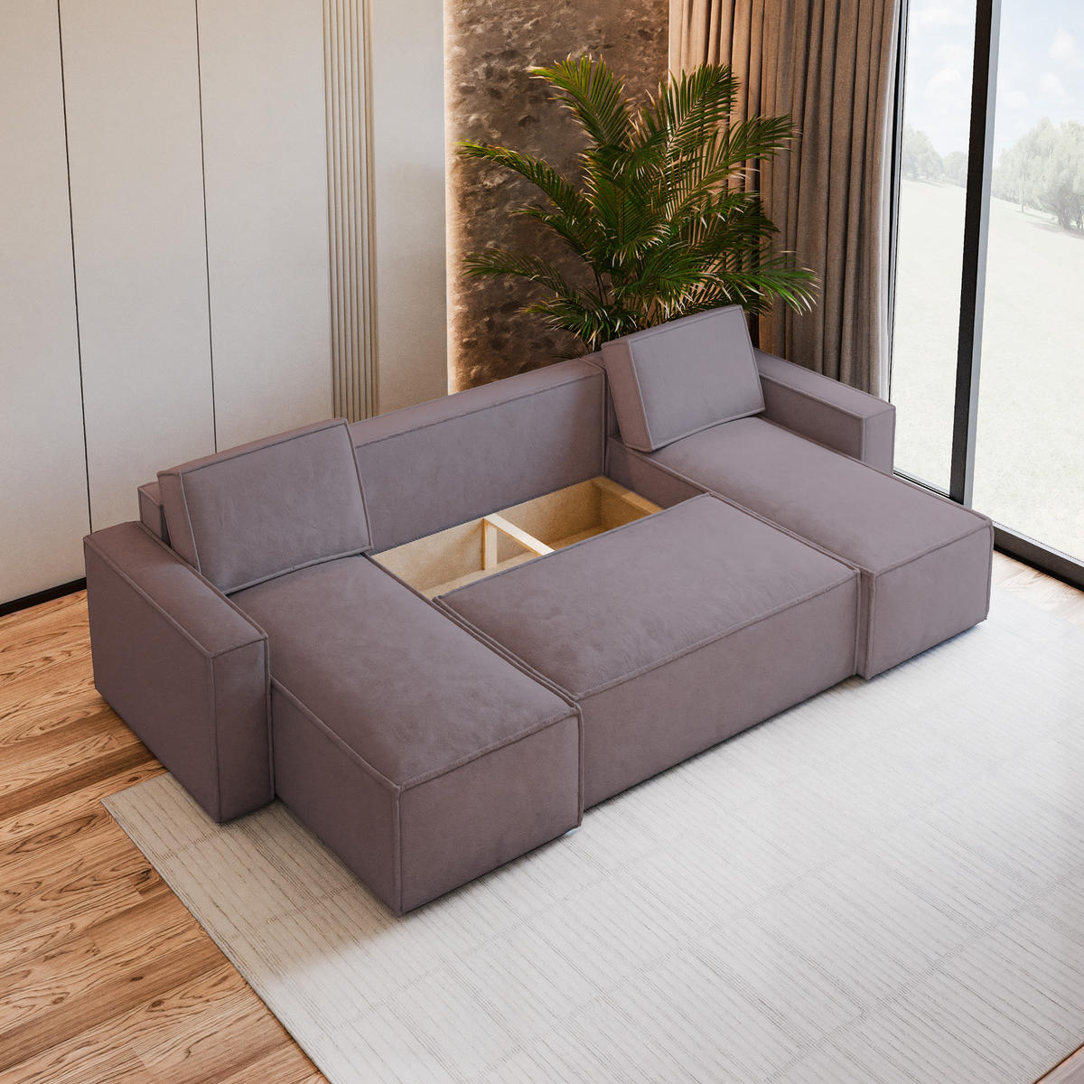 WOHNLANDSCHAFT PESANO M Lila Velours-Stoff mit Schlaffunktion - Lila, Holz (306/85/140cm) - MASSENO