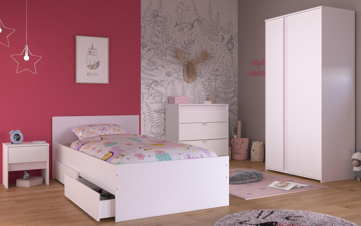 KINDERZIMMER Set 4-tlg. mit Kleiderschrank Kommode Nachttisch und Stauraumbett 90x200 - Weiß/Rosa, Holzwerkstoff/Kunststoff (100/182/203cm) - Parisot Meuble