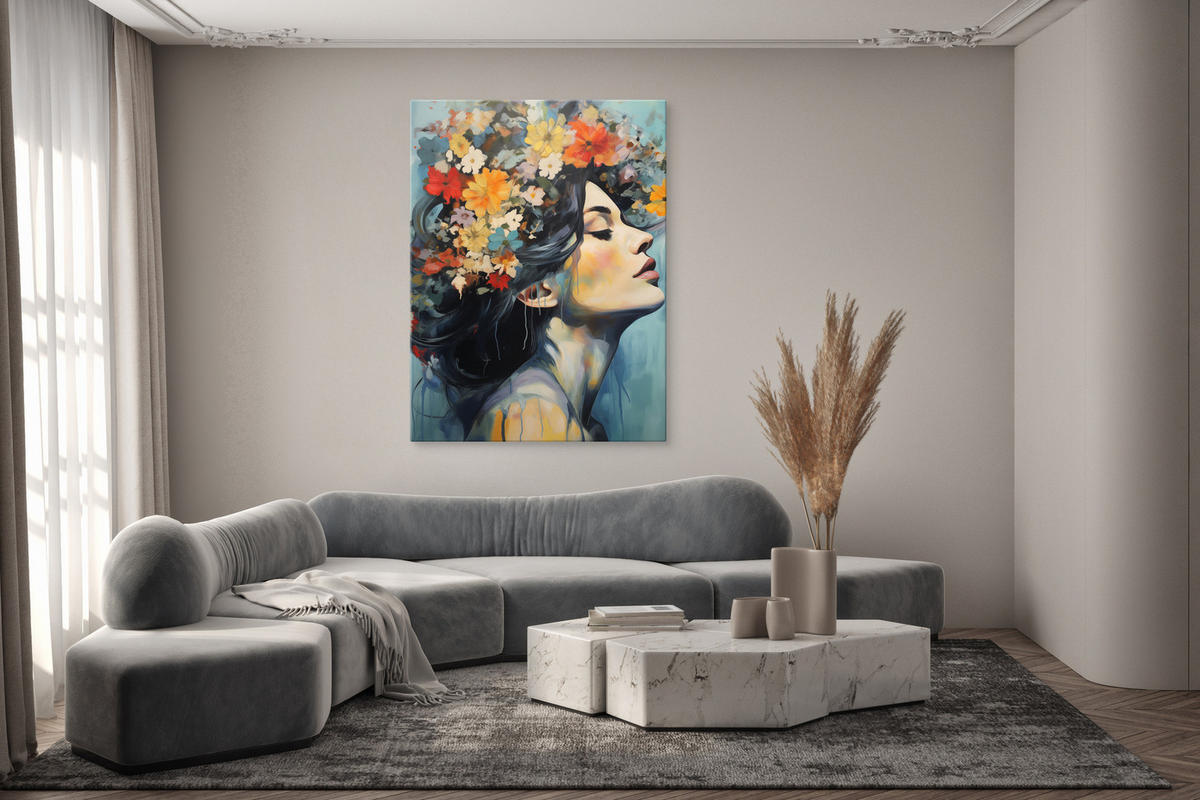 LEINWANDBILD Frau Porträt Gesicht Blumen 50x70 - Blau/Beige, Textil (50/70cm) - Muralo