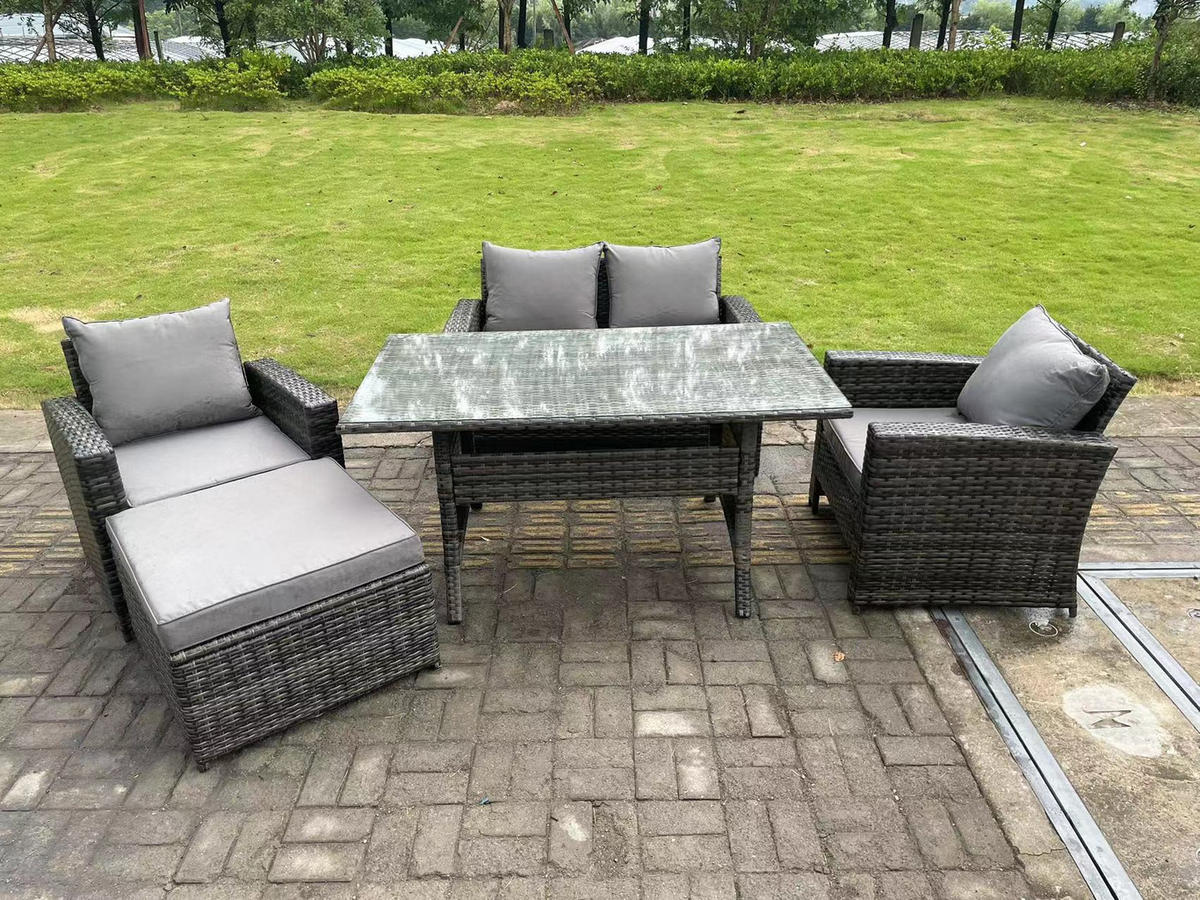 GARTENMÖBELGARNITUR Polyrattan Dunkelgrau 5-Sitzer - Dunkelgrau/Grau, Glas/Kunststoff - Fimous