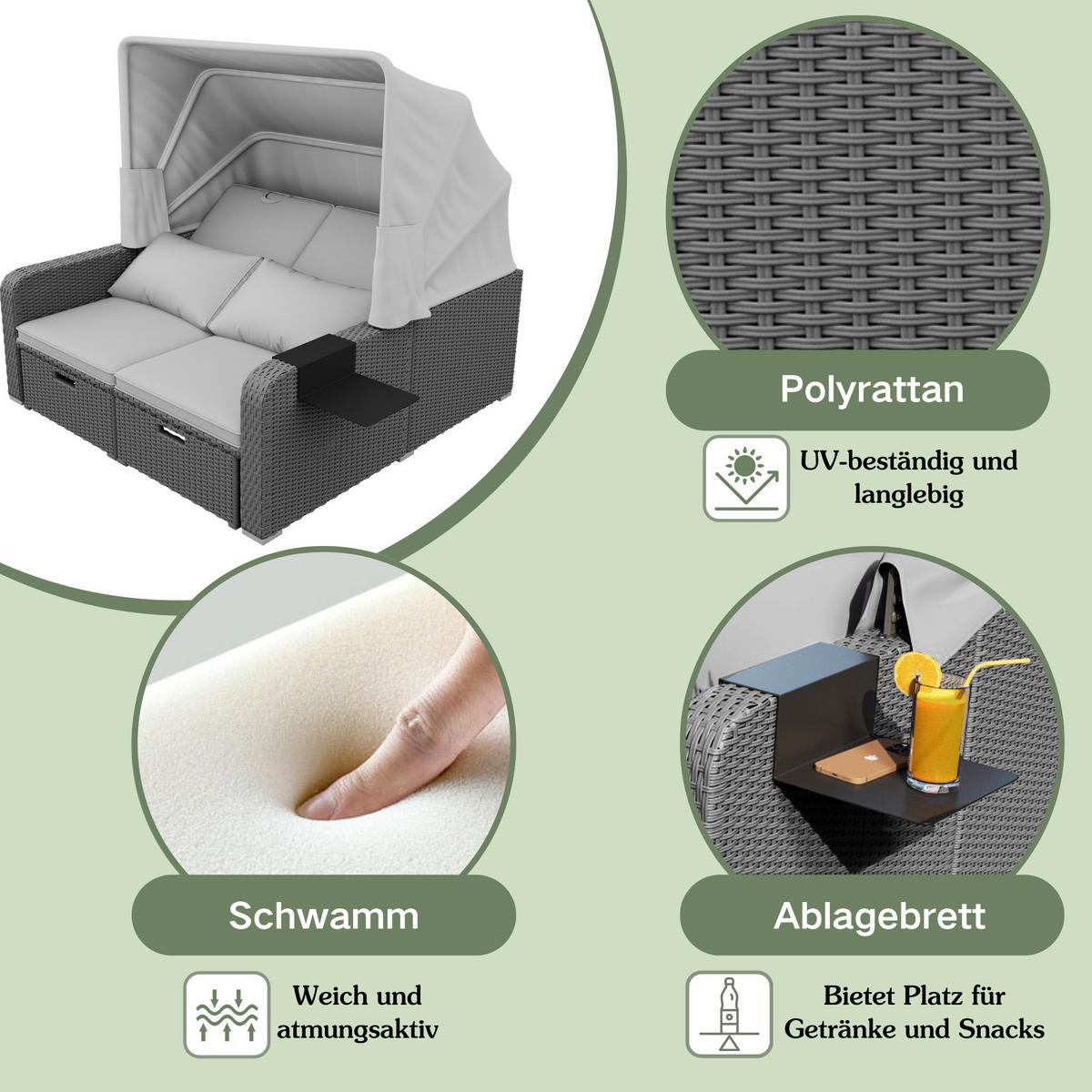 GARTENSOFA 2 Personen Grau Mit Abnehmbarer Markise - Grau, Kunststoff (72.5/37/83cm) - FLIEKS