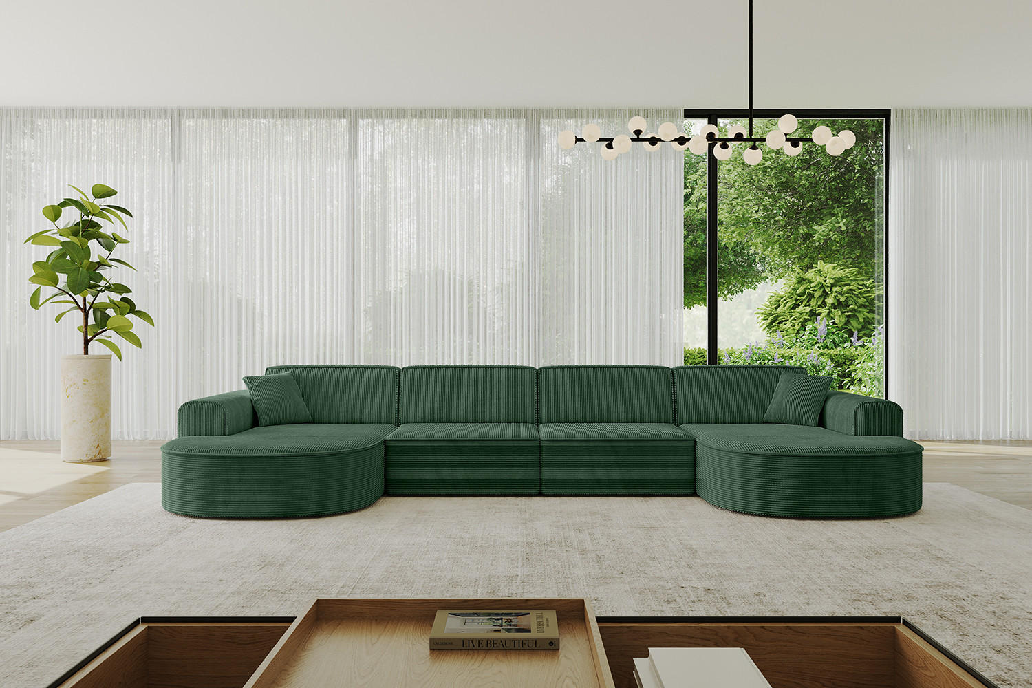WOHNLANDSCHAFT MARI-U2 - 380x163x73,5 cm Grün Cord - Schwarz/Grün, Holzwerkstoff/Kunststoff (380/73.5/163cm) - ALTDECOR