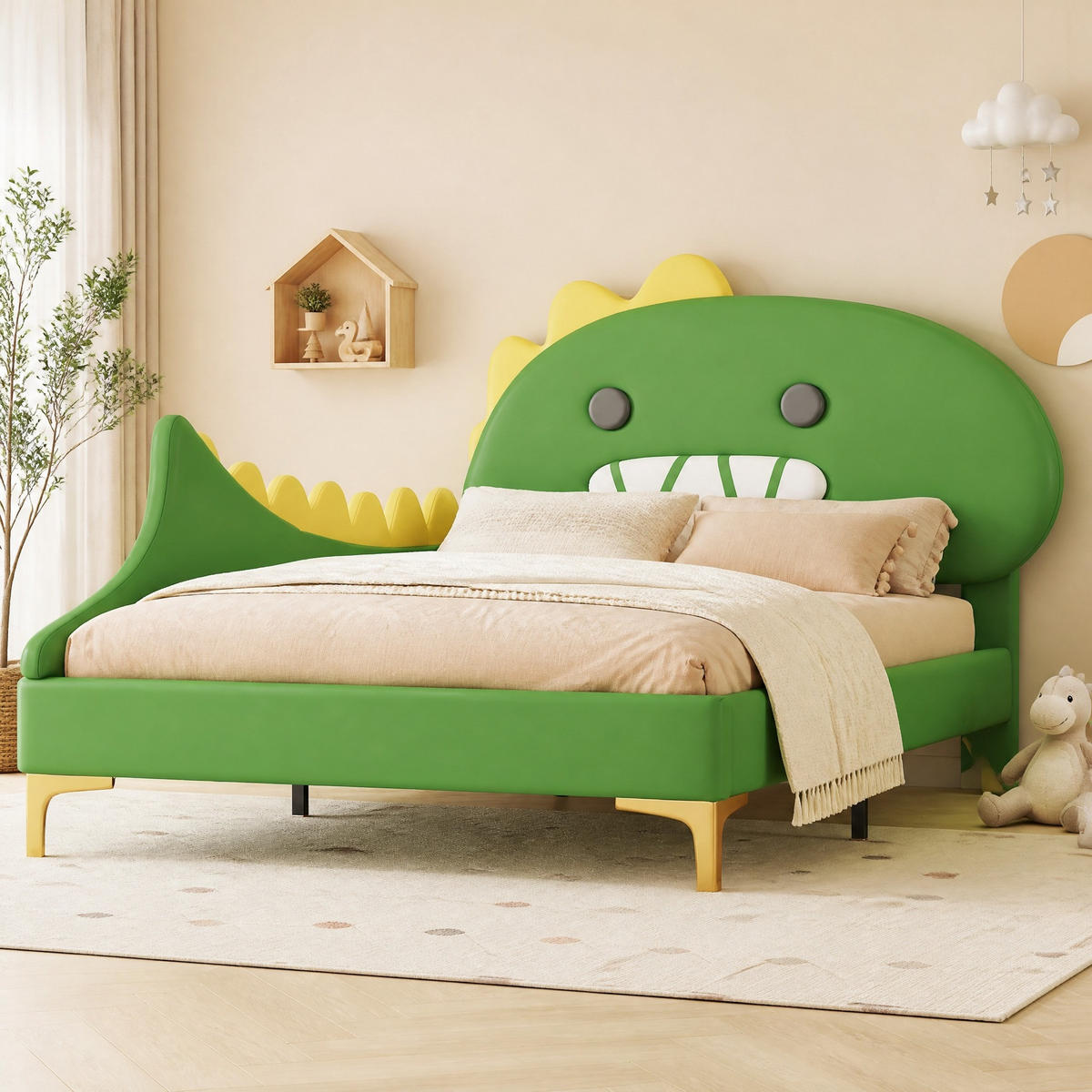 KINDERBETT 90/200 mit Cartoon-Dinosaurierform,PU-Material und MDF in Grün - Grün, Holzwerkstoff/Textil (90/200cm) - EVRYAE