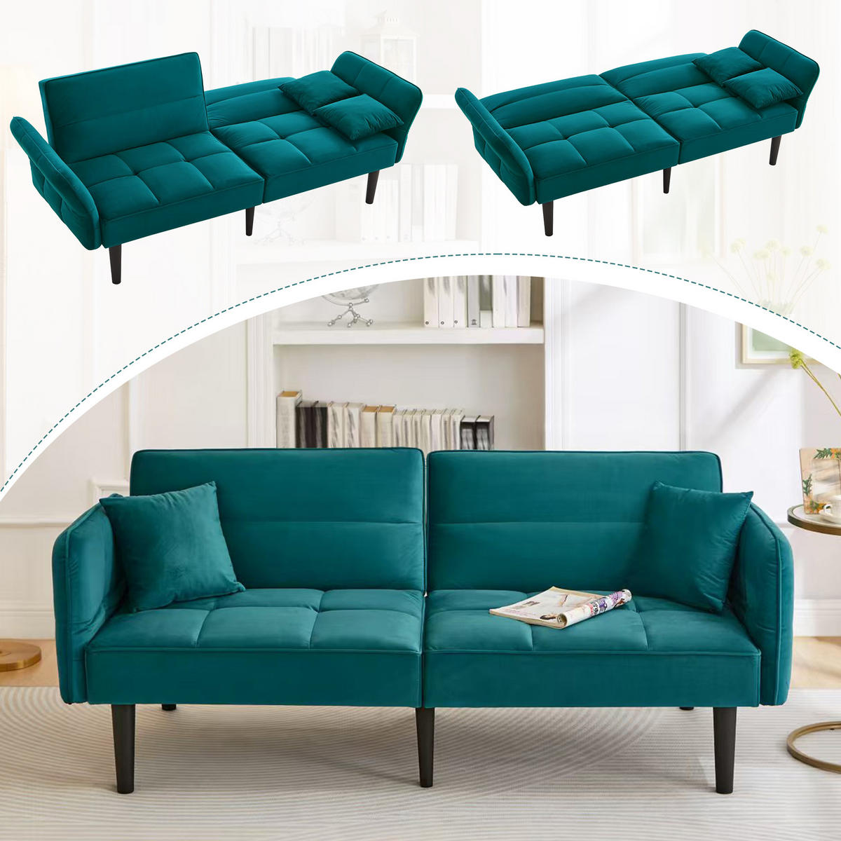 SCHLAFSOFA 176/78/76 cm Antikes Blaugrün Samt mit klappbaren Armlehnen - Petrol, Textil (176/76/78cm) - Oxeza