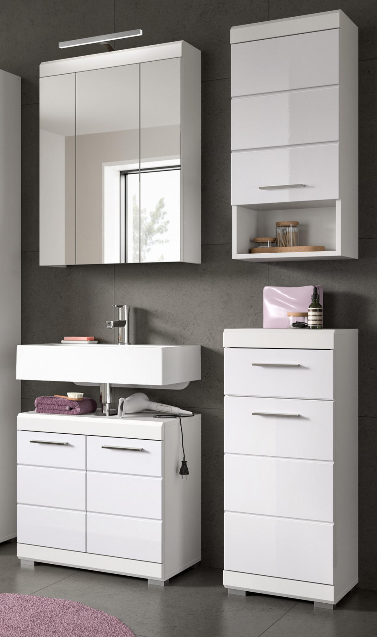 BADMÖBEL-SET weiß Hochglanz 4-teilig 112 cm, Komplettset mit viel Stauraum - Weiß Hochglanz, Glas/Holzwerkstoff (112/191/34cm) - Inn.Furn