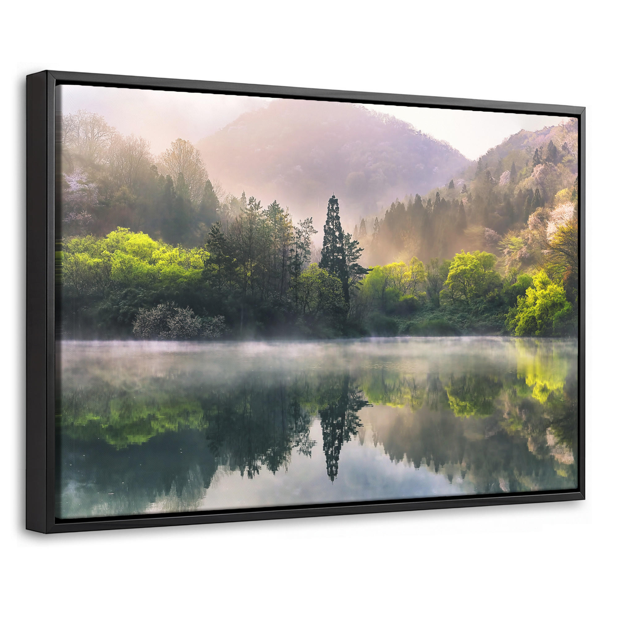 LEINWAND Bilder mit Rahmen - Natur - Bäume - Berge - See - Wasser - 30x20 - Hellgrün, Textil (30/20cm) - MuchoWow
