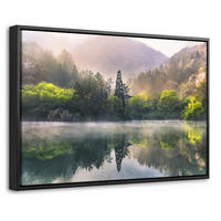 LEINWAND Bilder mit Rahmen - Natur - Bäume - Berge - See - Wasser - 30x20 - Hellgrün, Textil (30/20cm) - MuchoWow