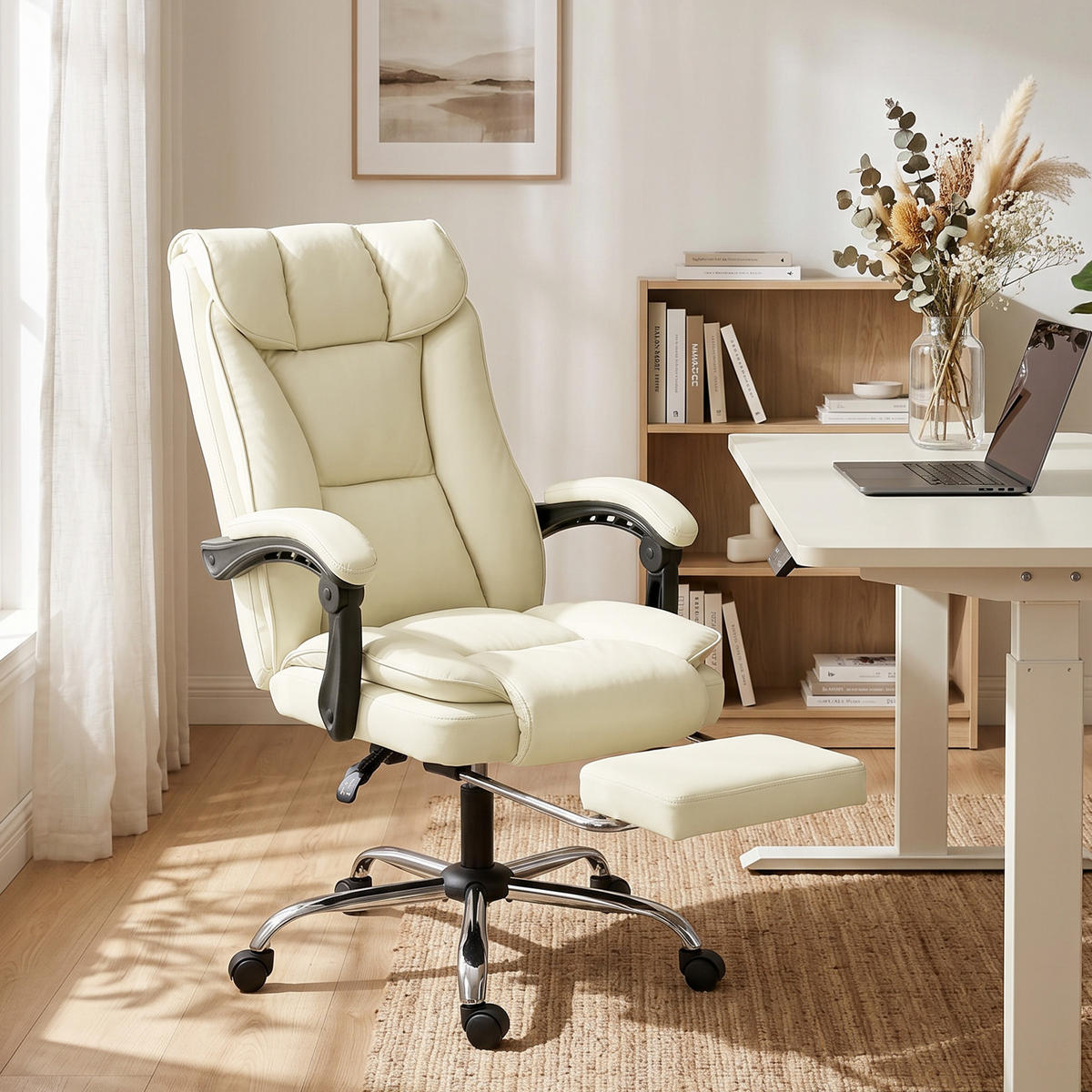 BÜROSTUHL Ergonomischer Schreibtischstuhl mit Verstellbar Rückenlehne Beige - Beige/Silberfarben, Kunststoff/Textil (66/121/72cm) - HOMCOM