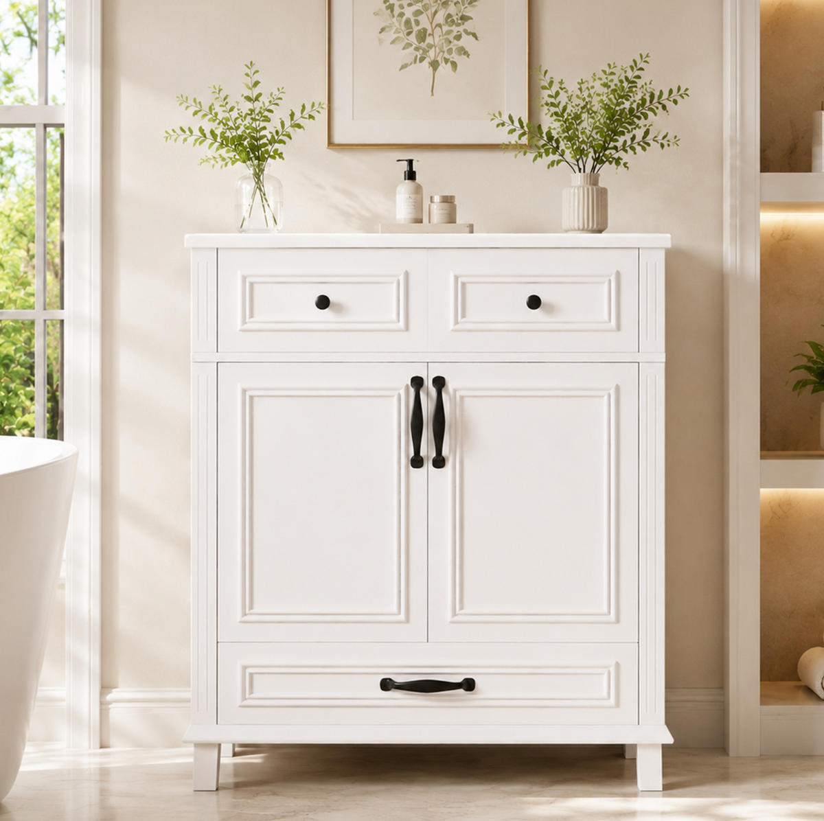 WASCHTISCH aus MDF und Keramik 77x46x86 cm Weiß mit integriertem Keramikbecken, Soft-Close und Stauraum - Weiß, Keramik (77/86/46cm) - Modfu