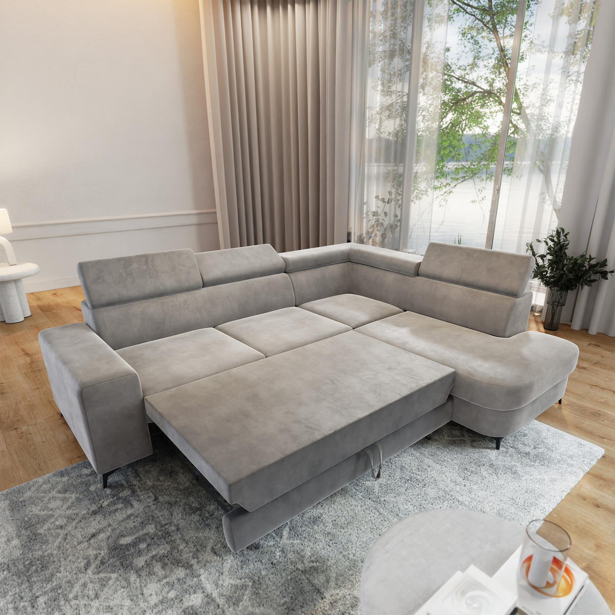 ECKSOFA ALVORO R-S Hellgrau Velours-Stoff mit Schlaffunktion - Hellgrau, Holz (253/190cm) - MASSENO