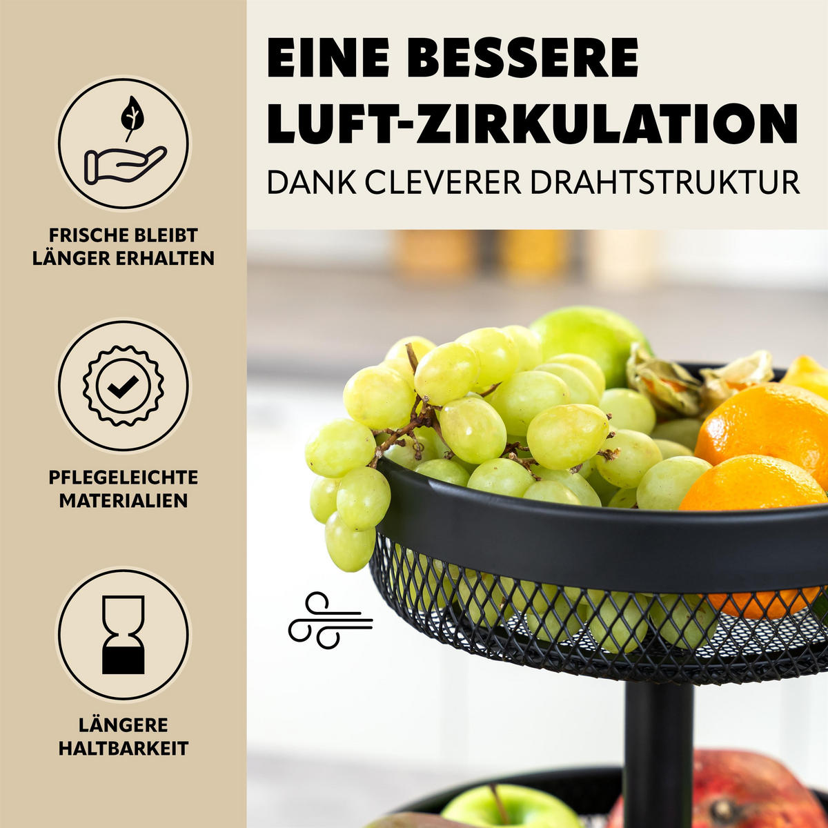 OBSTETAGERE 3-STÖCKIG rund Metall schwarz - Schwarz, Metall (42cm) - eluno