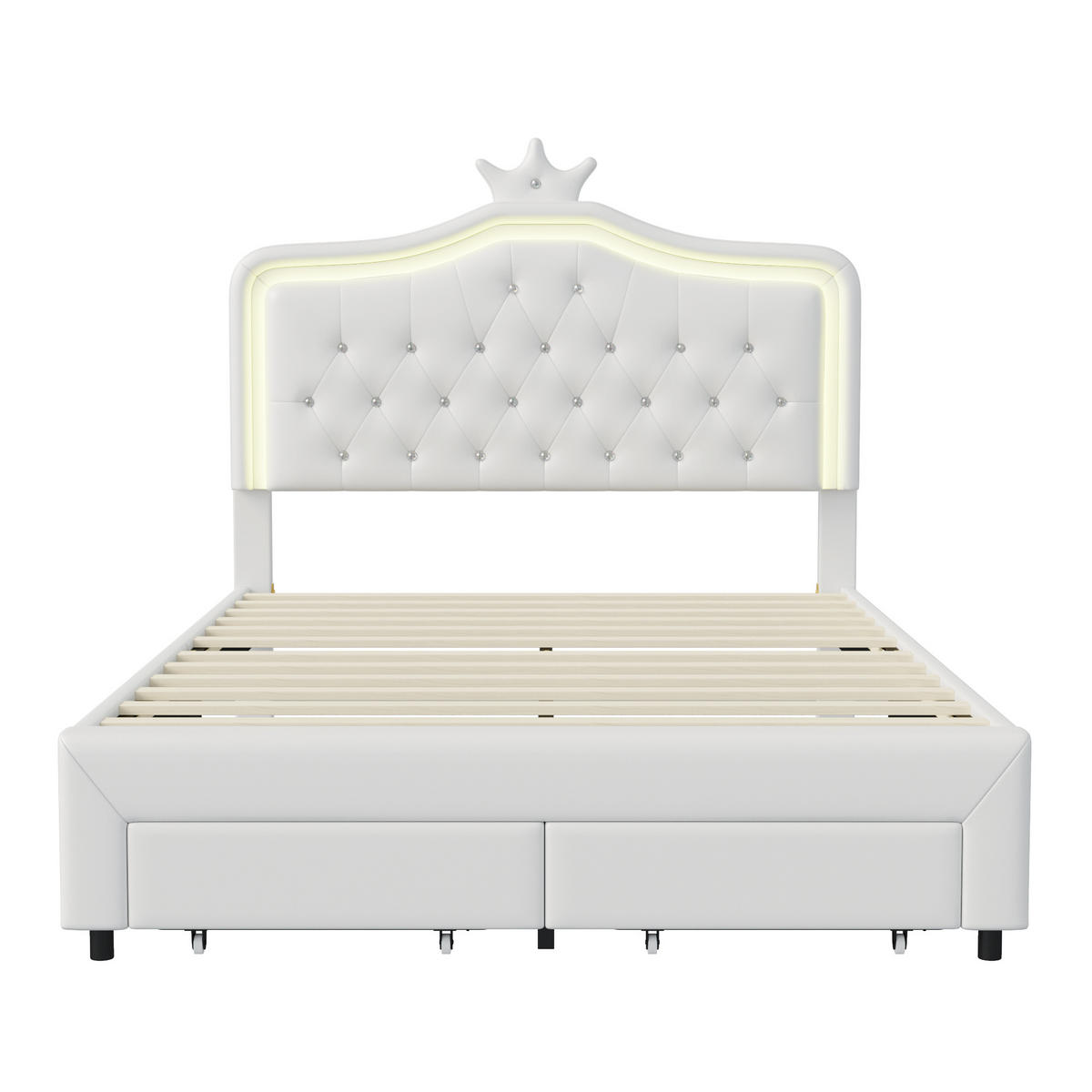 POLSTERBETT Princess Crown 140x200 cm mit höhenverstellbarem Kopfteil, PU, doppelbett mit Lattenrost & LED-Beleuchtung, Weiß - Weiß, Leder/Holz (140/200cm) - BursDany