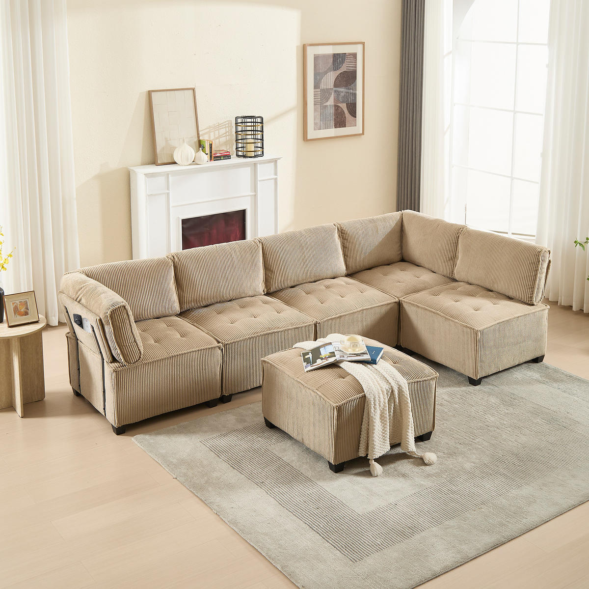 SOFA modular 6-Sitzer 308 x 154 cm Cord Khaki - Braun, Kunststoff (154/82/308cm) - Meubliv