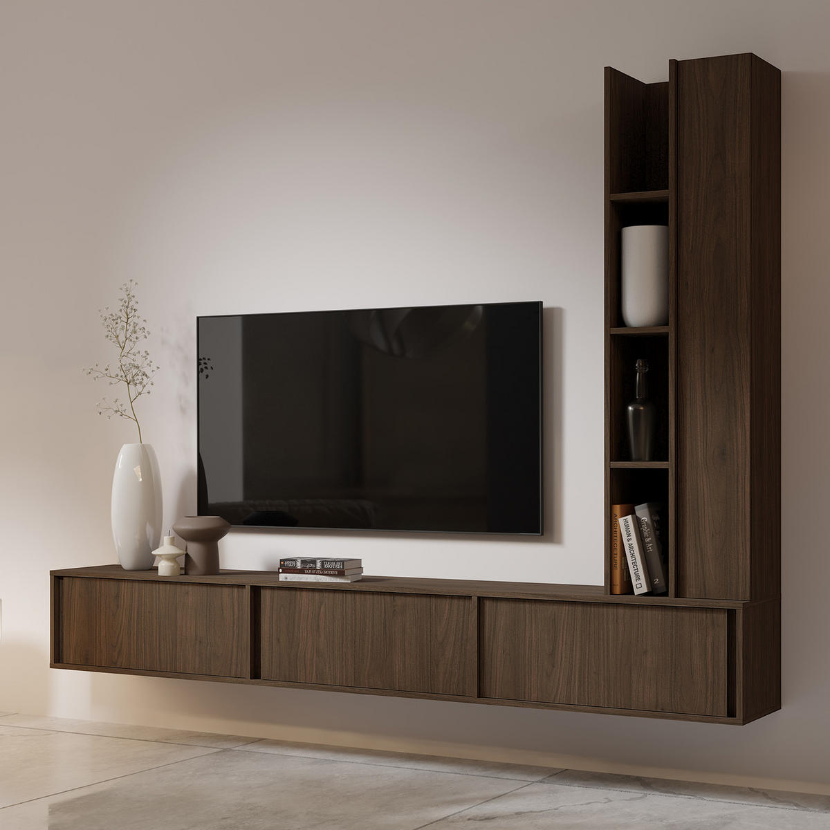 TV STOLEK Vero se 3 dvířky, závěsný nebo stojící, 230 cm, ořechová barva - barva vlašského ořechu, kompozitní dřevo (230/40/35cm) - Beautysofa