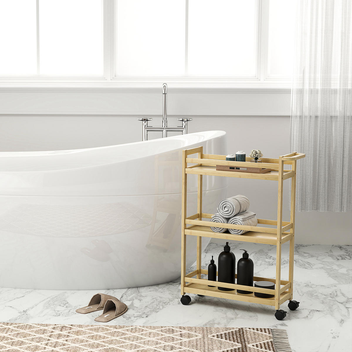 BADEZIMMERREGAL DE-17322 3-stufig mit Rollen & Handgriff Natur - Naturfarben, Naturmaterialien (20/75/55cm) - ComfortXL
