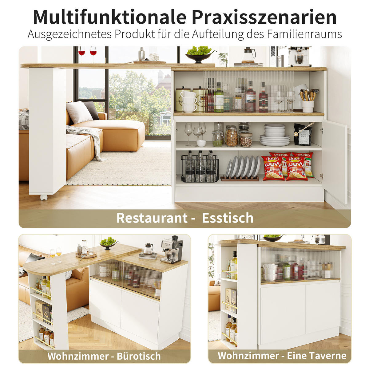 BAROVÁ skříňka 90/45/100 cm bílá z MDF s otočným designem 360° a skleněnými dveřmi - bílá, kompozitní dřevo (90/45/100cm) - OKWISH