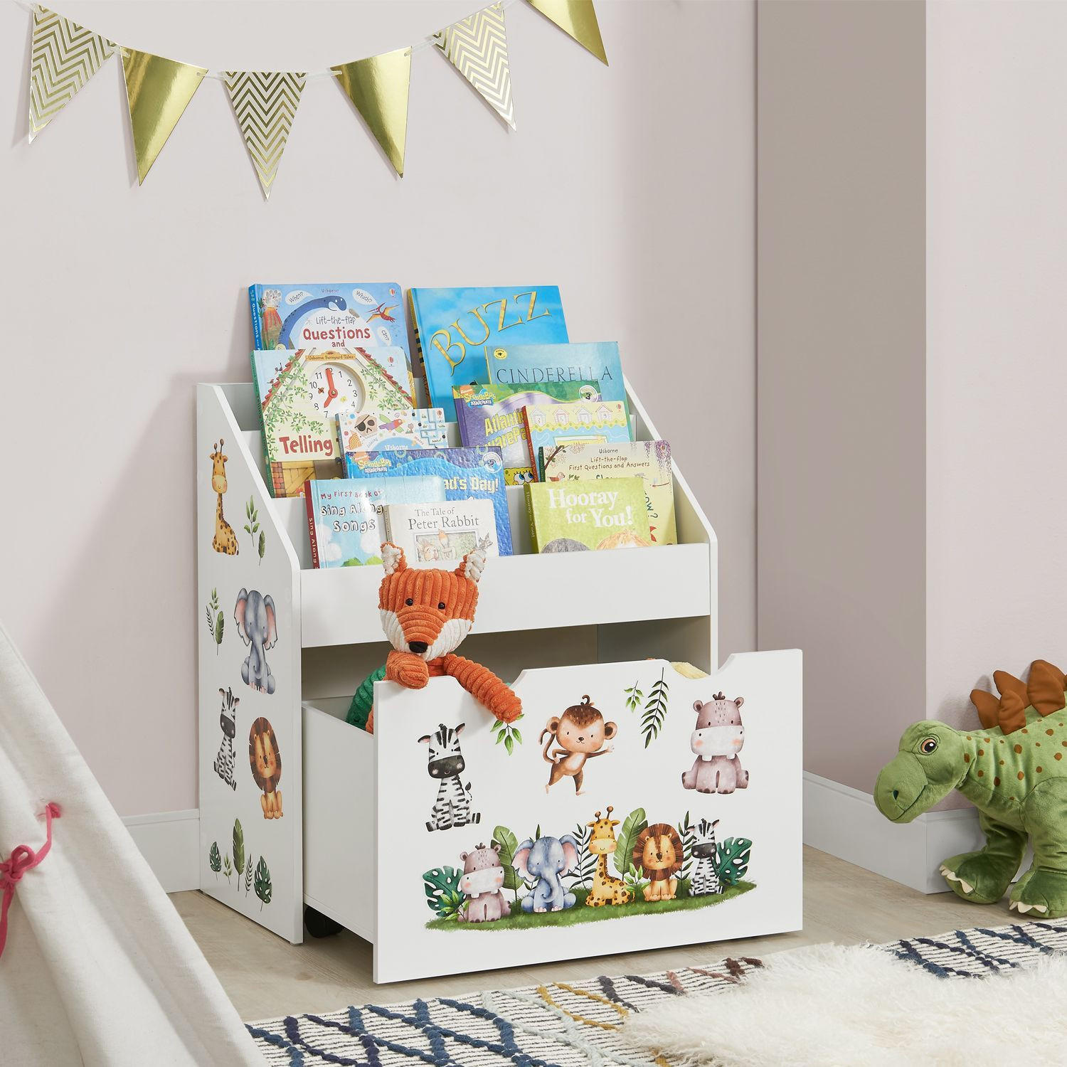 BÜCHERREGAL mit 3 Fächern und herausziehbarer Spielzeugkiste - Weiß, Holz (63/70/30cm) - Juskys