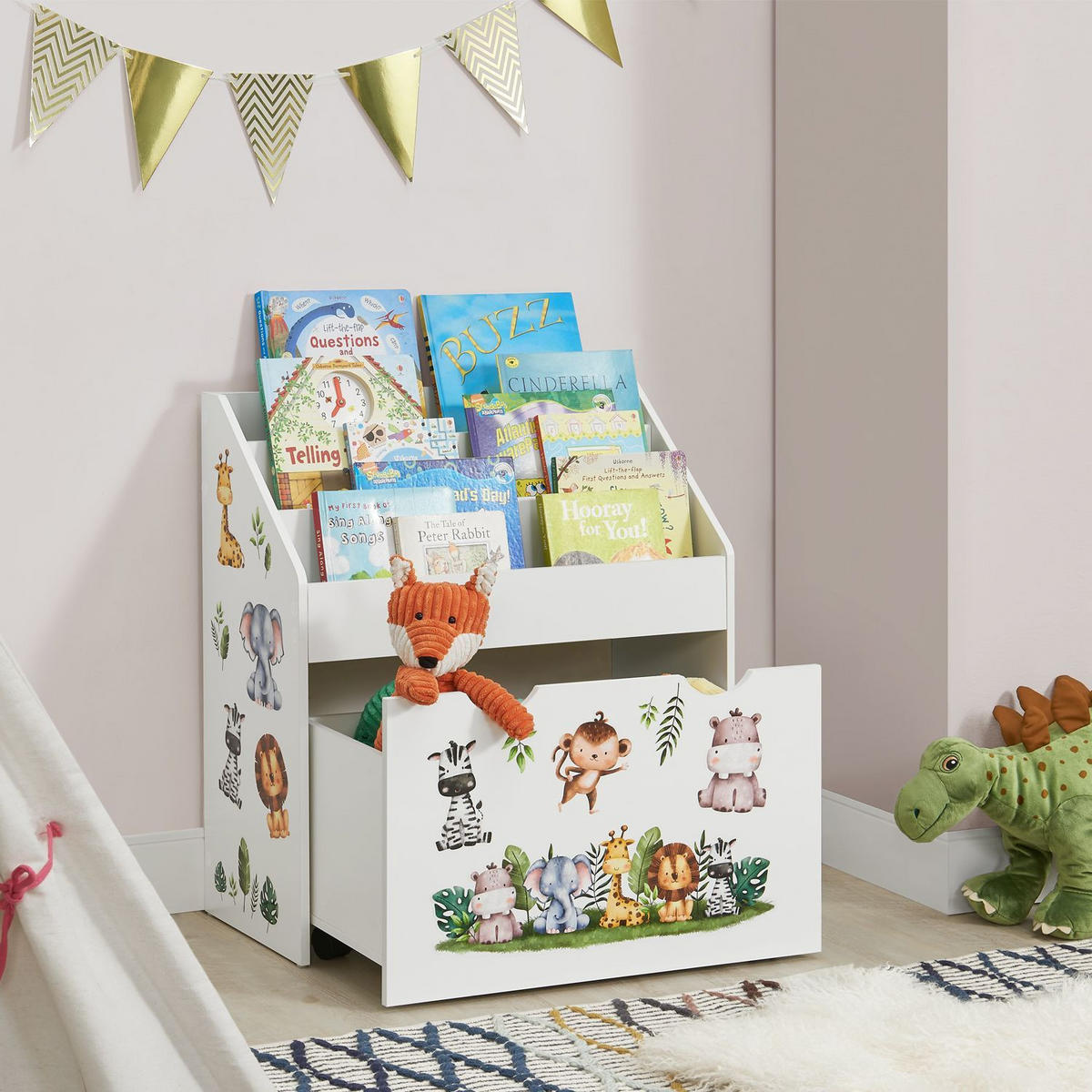 BÜCHERREGAL mit 3 Fächern und herausziehbarer Spielzeugkiste - Weiß, Holz (63/70/30cm) - Juskys