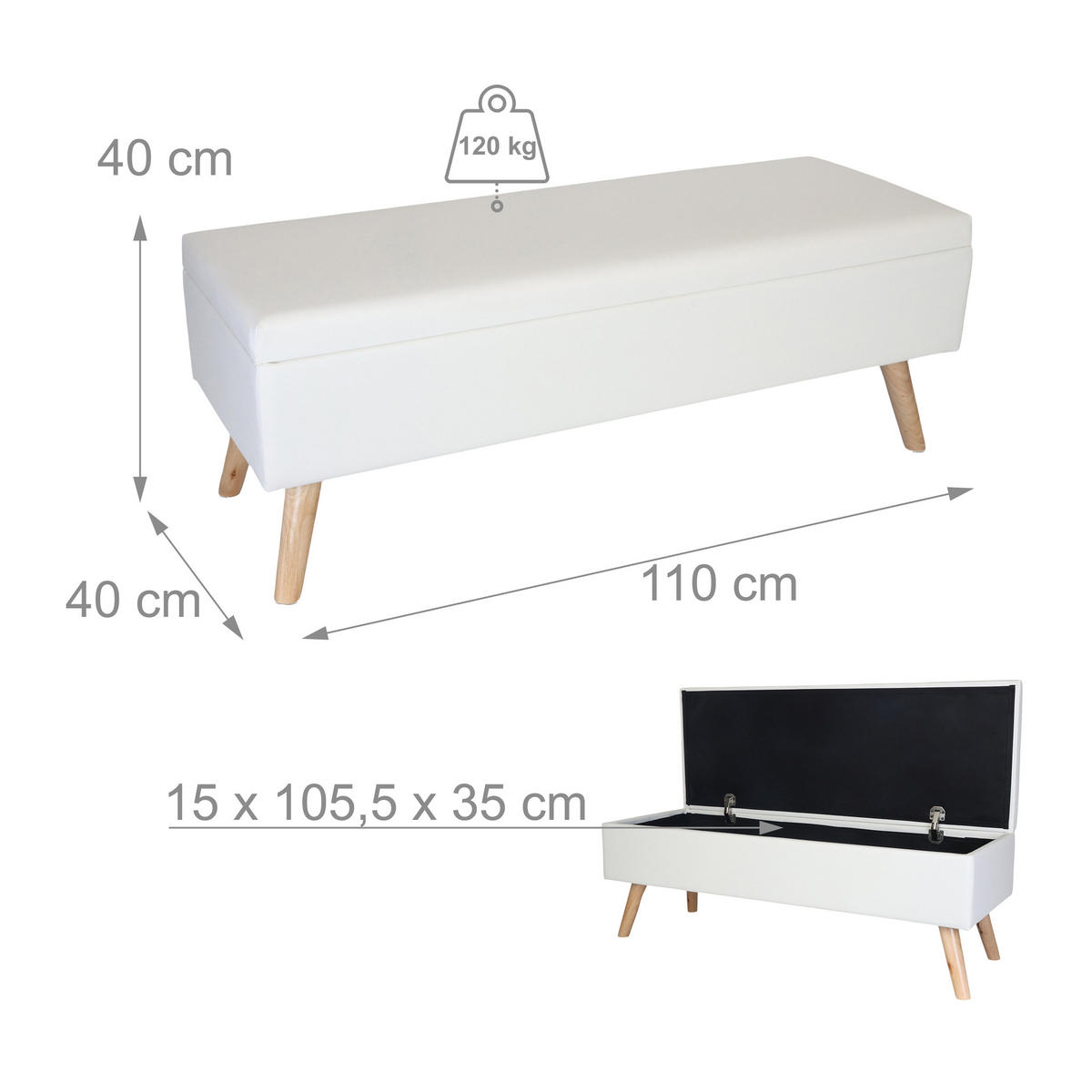 SITZBANK - Weiß/Naturfarben, Holz/Holzwerkstoff (110/40/40cm) - Relaxdays