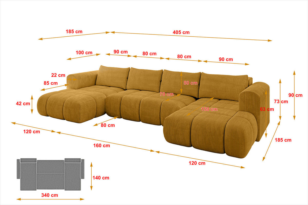 WOHNLANDSCHAFT Ottomane Links CLOUD-U 405x185x90 Senfgelb Cord - Currygelb, Holzwerkstoff/Kunststoff (405/90/185cm) - ALTDECOR
