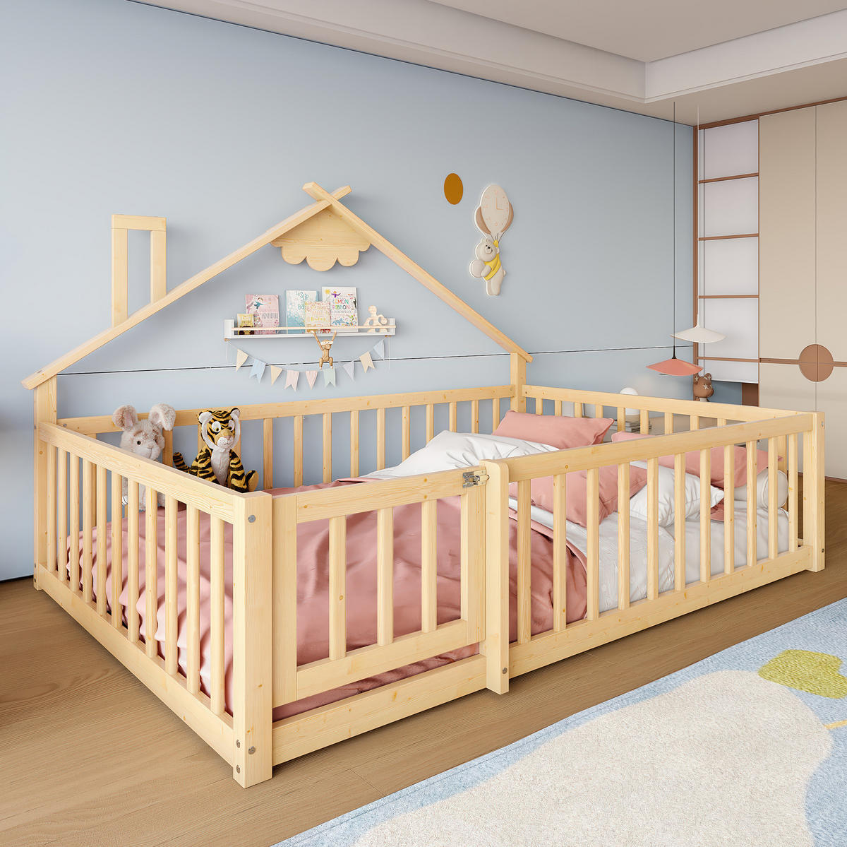DETSKÁ posteľ z borovicového dreva a MDF 140x190 cm prírodná s domčekovým dizajnom, zábradlím so zámkom a úložným priestorom - prírodná farba, kompozitné drevo (140/190cm) - Modfu