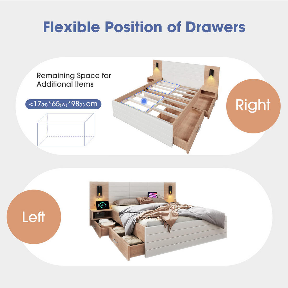 DOPPELBETT 180x200cm Holzbett Leselicht USB-Ladung 2 Schubladen Eiche-Weiß - Weiß, Holz - FLIEKS