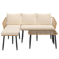 LOUNGESET - Polyrattan / Polyester - Braun / Creme - 3-teilig - Beige/Braun, Glas/Naturmaterialen - home24