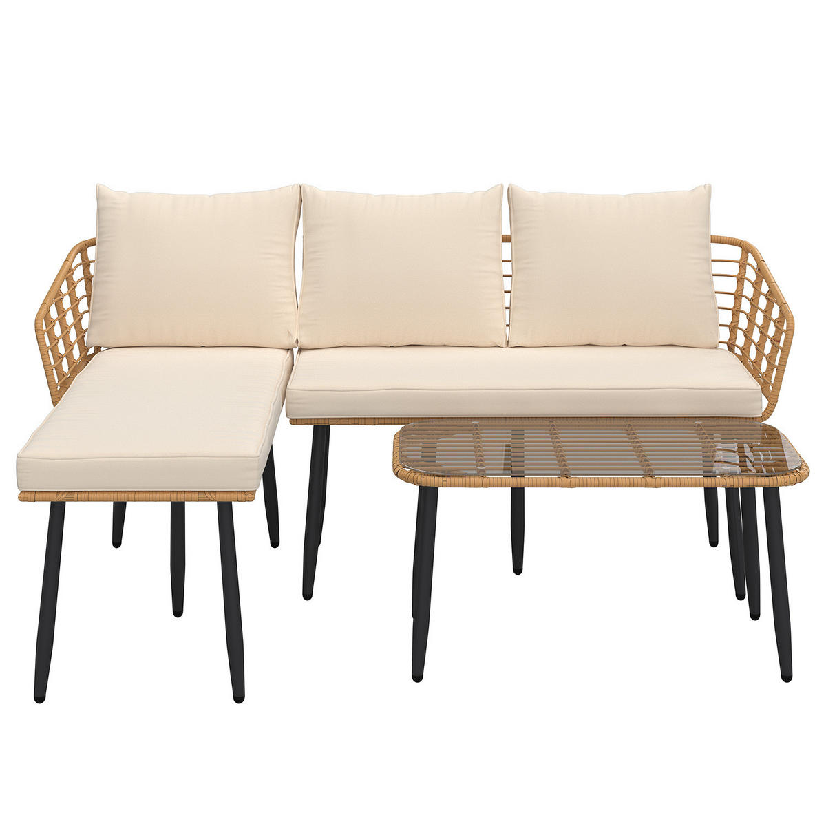 LOUNGESET - Polyrattan / Polyester - Braun / Creme - 3-teilig - Beige/Braun, Glas/Naturmaterialen - home24