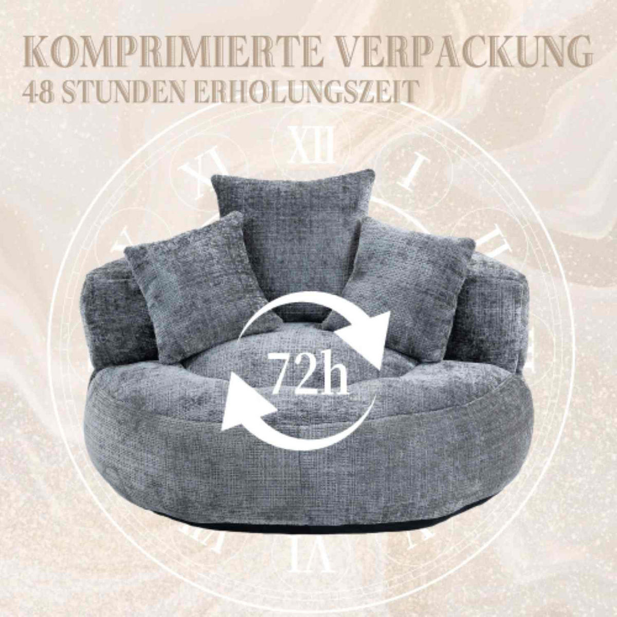 SESSEL Sitzsack Chenille grau 108/108/52 cm für Erwachsene mit Armlehnen - Grau, Textil (108/52/108cm) - OKWISH