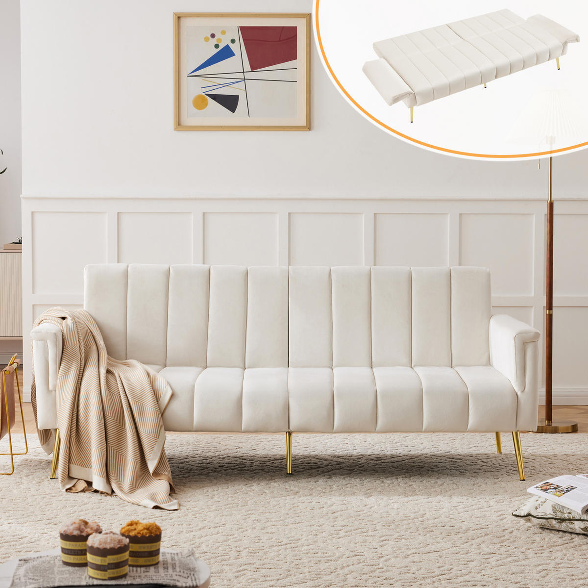 SCHLAFSOFA 183/76/75 cm in Beige – mit Samtbezug und verstellbaren Armlehnen - Beige, Textil (76/75/183cm) - BEAOK