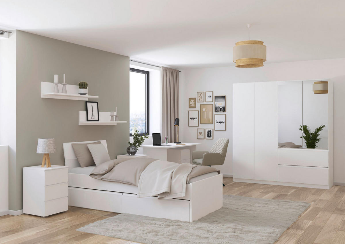 JUGENDZIMMER Joel in Weiß 5 teilig – mit 4türigem Kleiderschrank mit Spiegel, 90er Jugendbett, Nachttisch, Schreibtisch und Rollcontainer - Weiß, Holzwerkstoff (80/200/120cm)