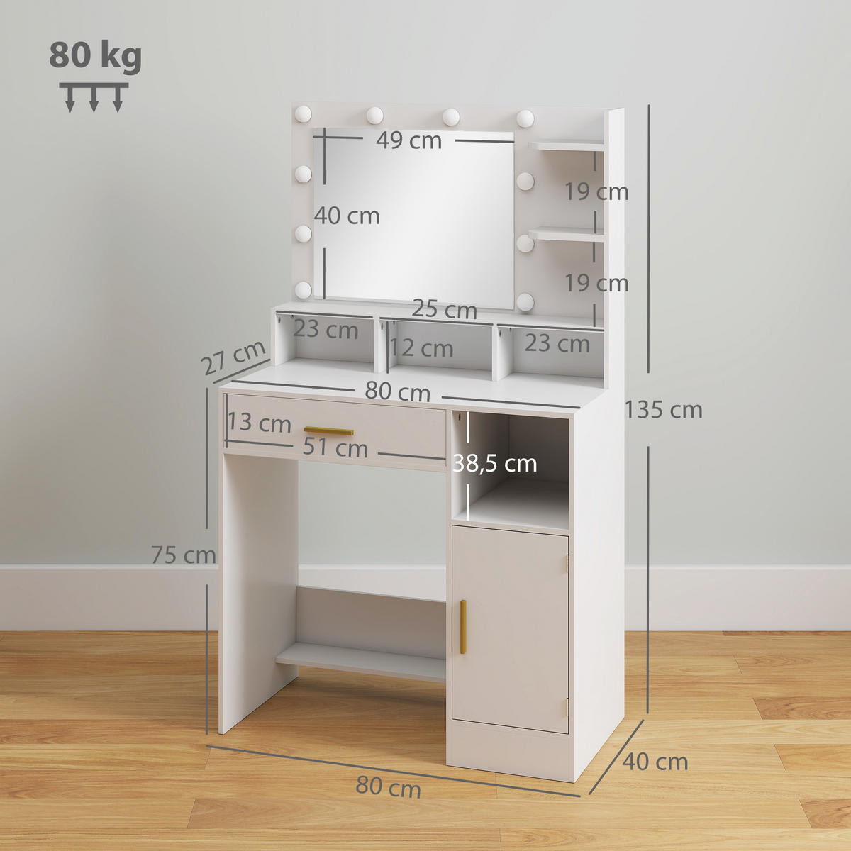 SCHMINKTISCH DE-18304 Weiß - Weiß, Holzwerkstoff (40/135/80cm) - ComfortXL