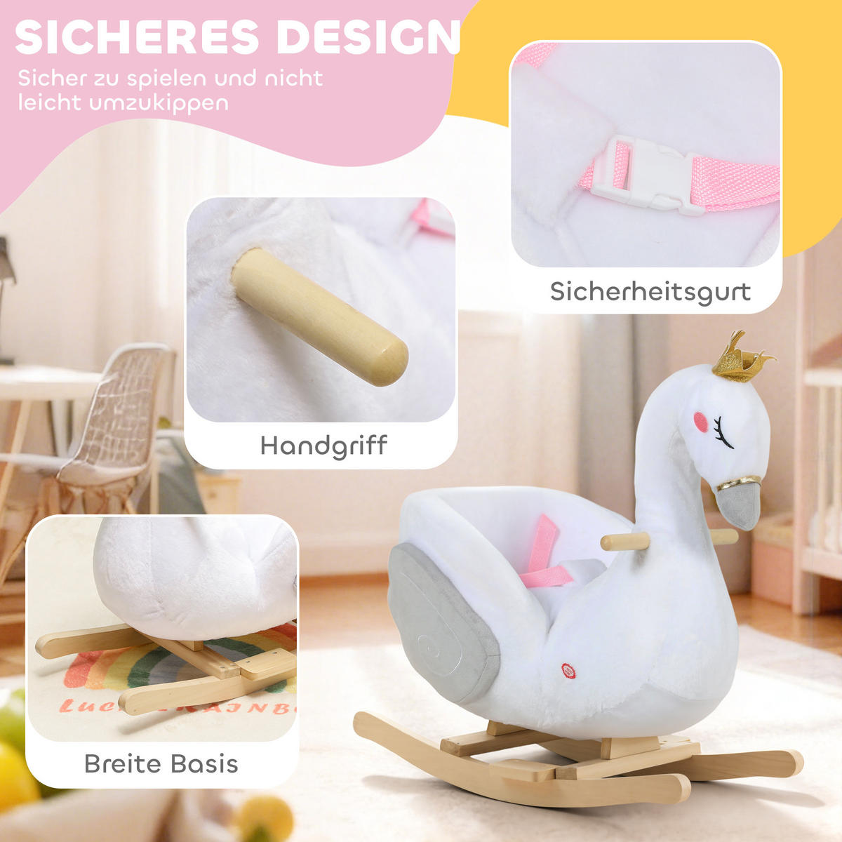 SCHAUKELTIER, Schwan-Schaukel mit Schlaflied weicher Füllung Holzrahmen Plüsch - Weiß, Textil (40/68/65cm) - AIYAPLAY