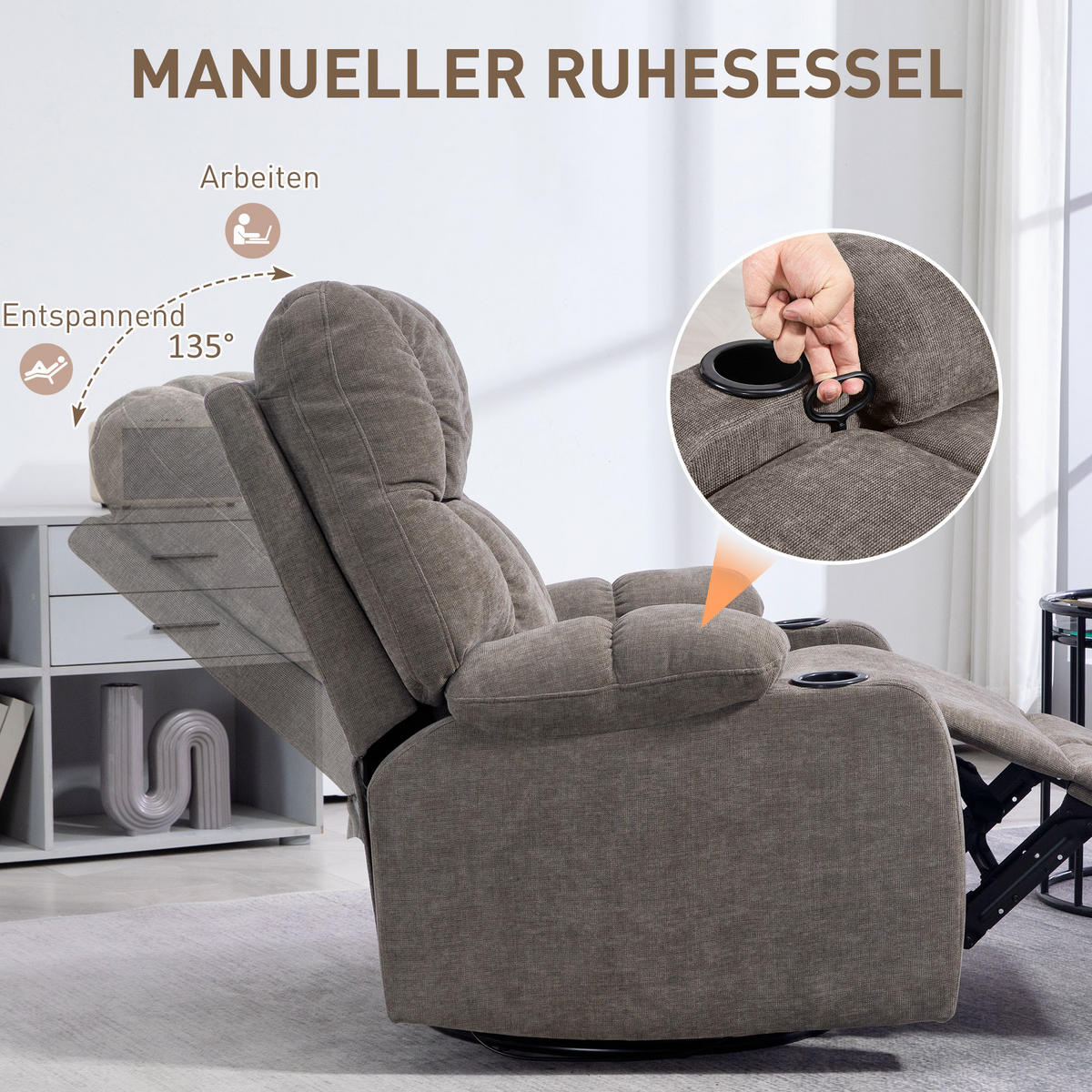 RELAXSESSEL Drehbar Fernsehsessel mit Liegefunktion, Schaukelfunktion Hellbraun - Hellbraun/Schwarz, Textil (96/108/88cm) - HOMCOM